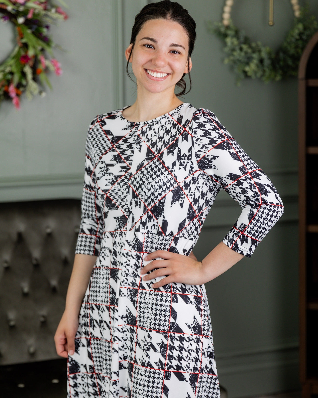 Model wearing Nuggles® Cindy Bubble Dress in Midtown Plaid