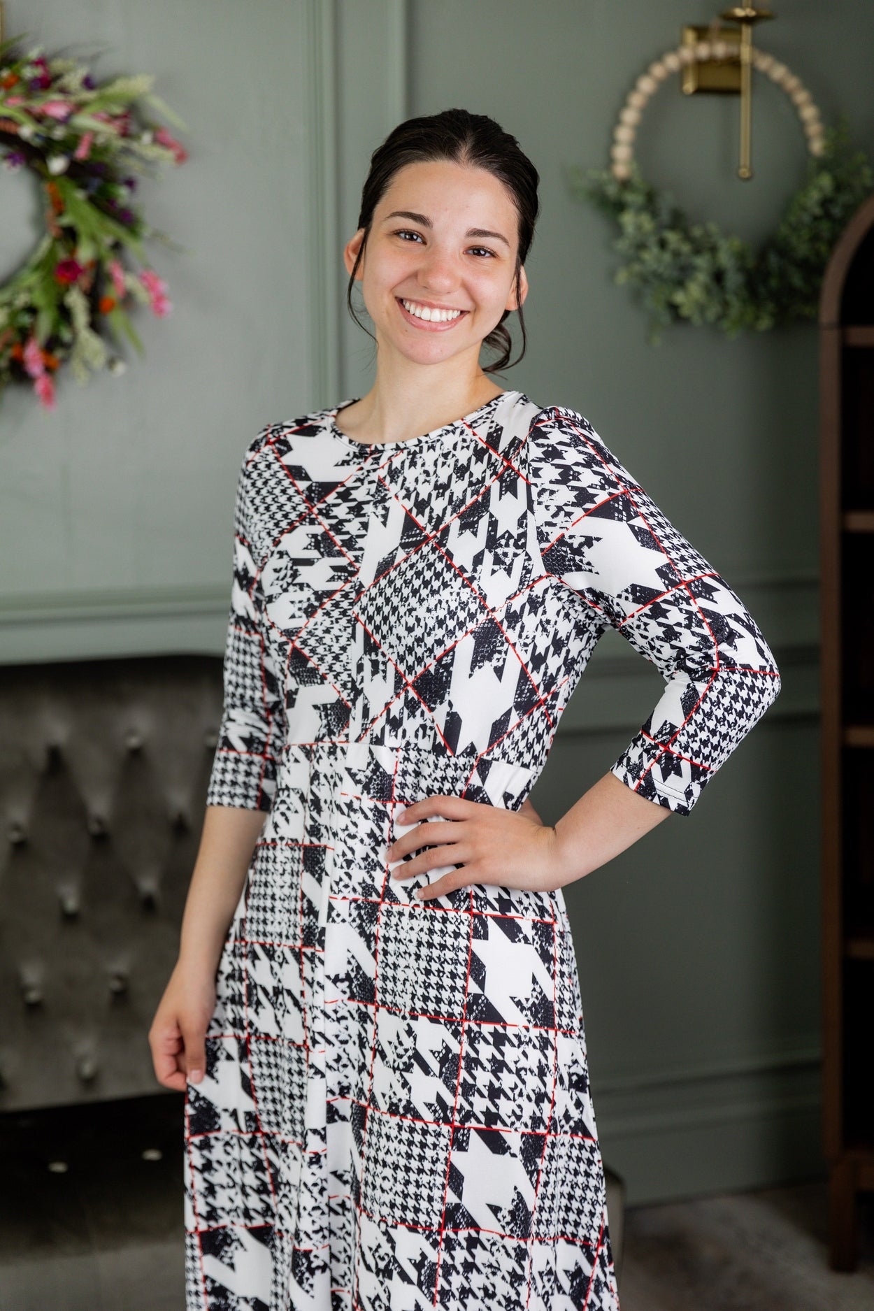 Model wearing Nuggles® Cindy Bubble Dress in Midtown Plaid
