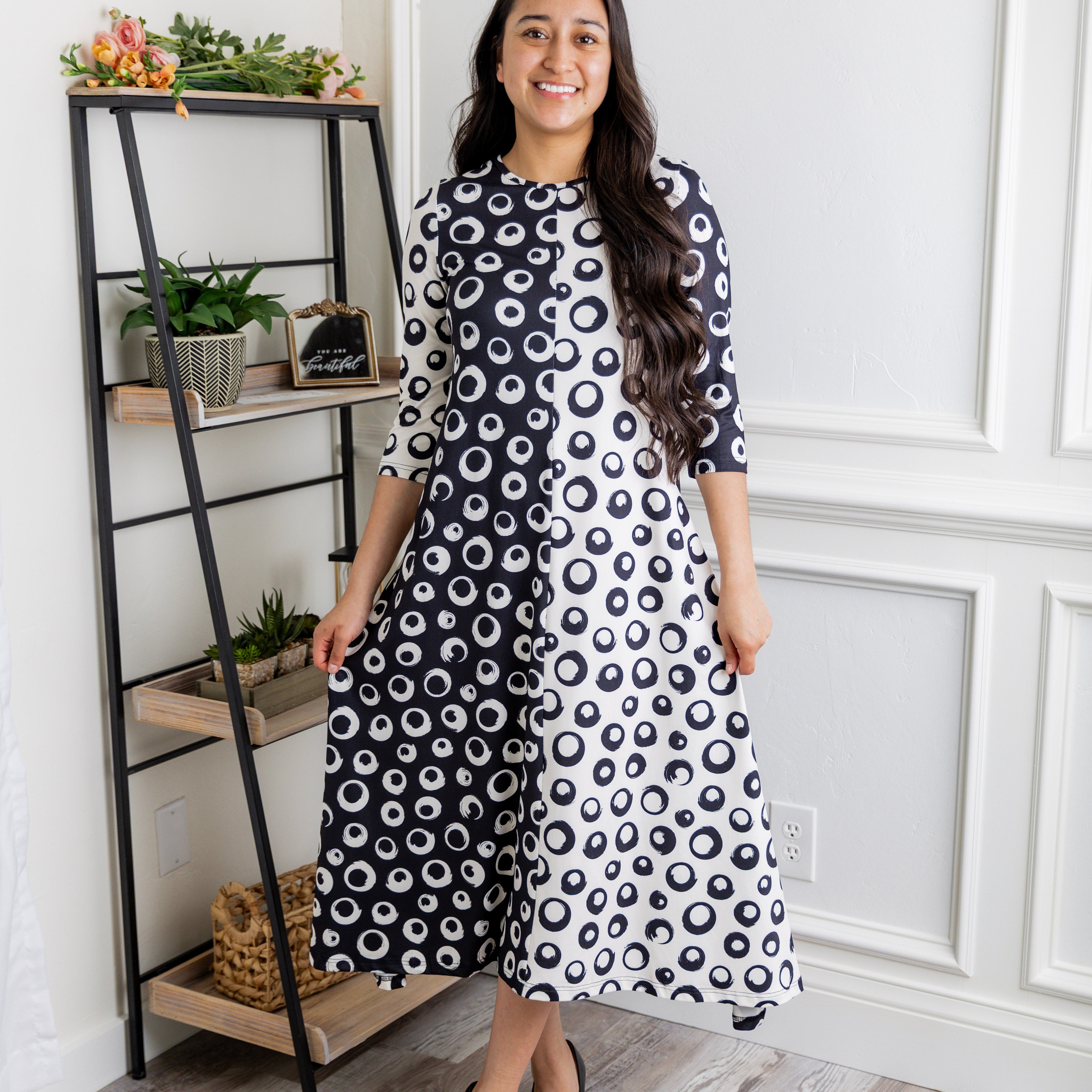 Model wearing the Nuggles® Liana Dress – modest midi dress with ¾ sleeves