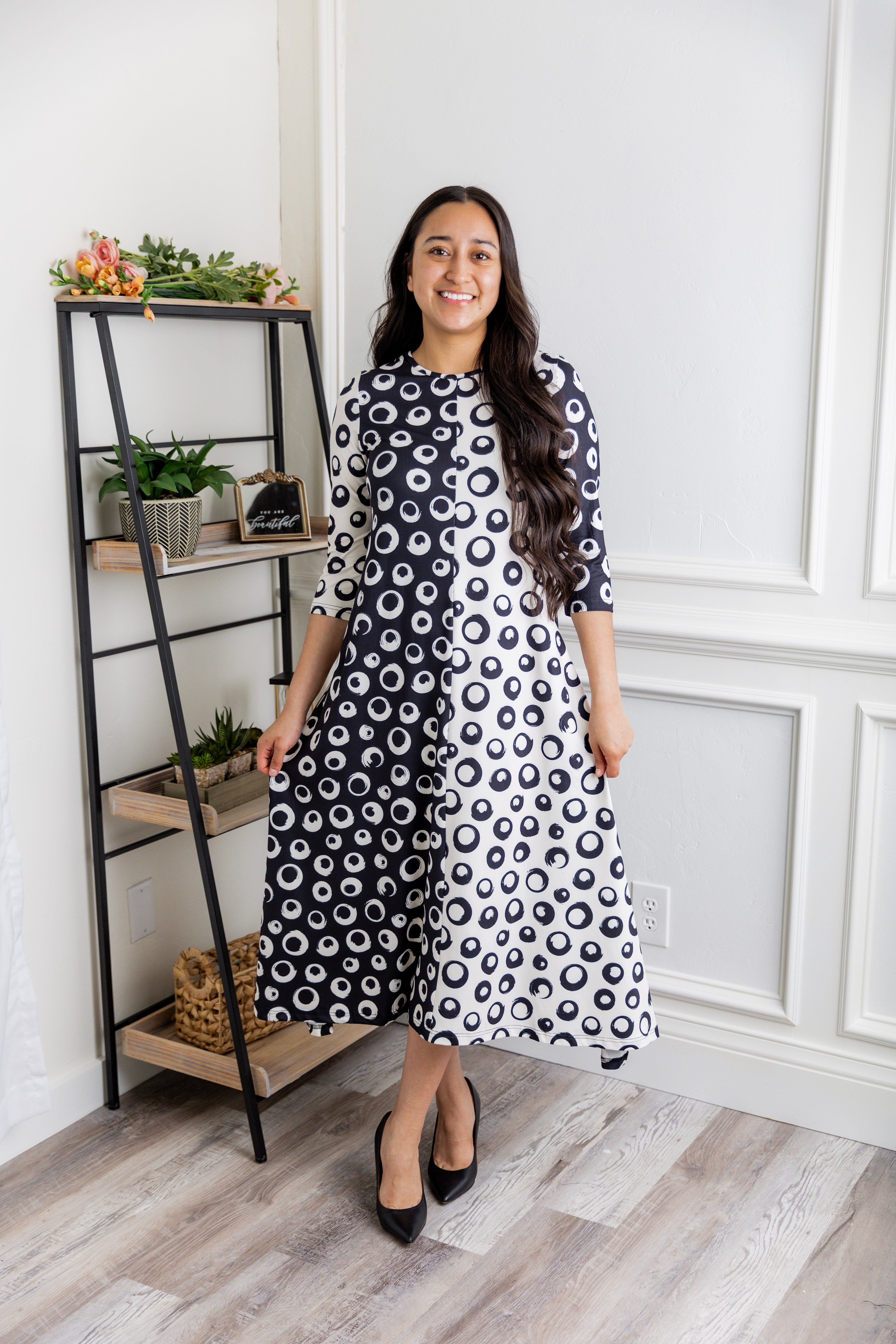 Model wearing the Nuggles® Liana Dress – modest midi dress with ¾ sleeves