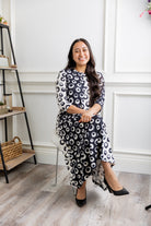 Model wearing the Nuggles® Liana Dress – modest midi dress with ¾ sleeves