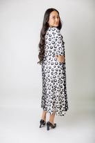 Model wearing the Nuggles® Liana Dress – modest midi dress with ¾ sleeves