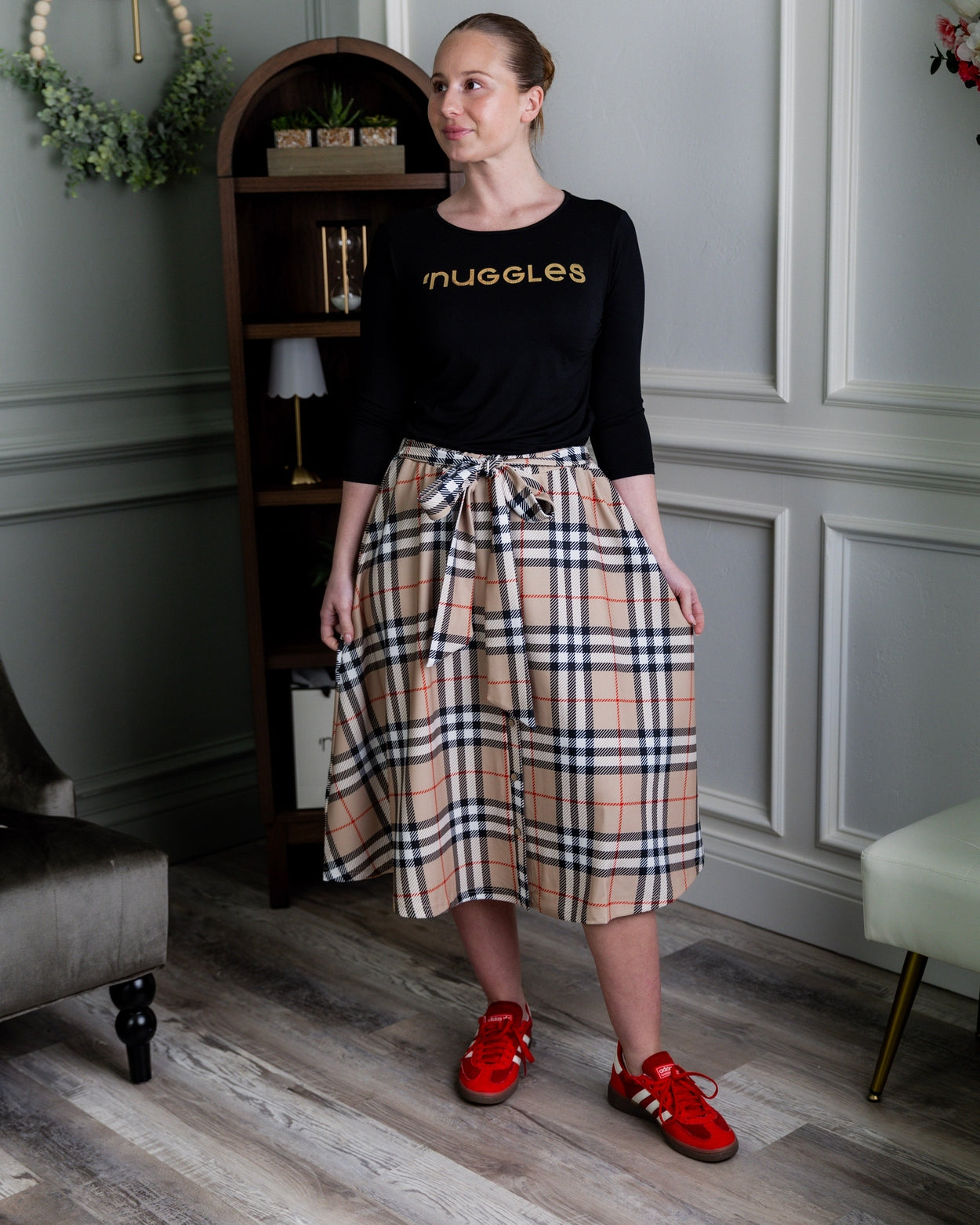 Bria Skirt in Sand Plaid nuggles-clothing