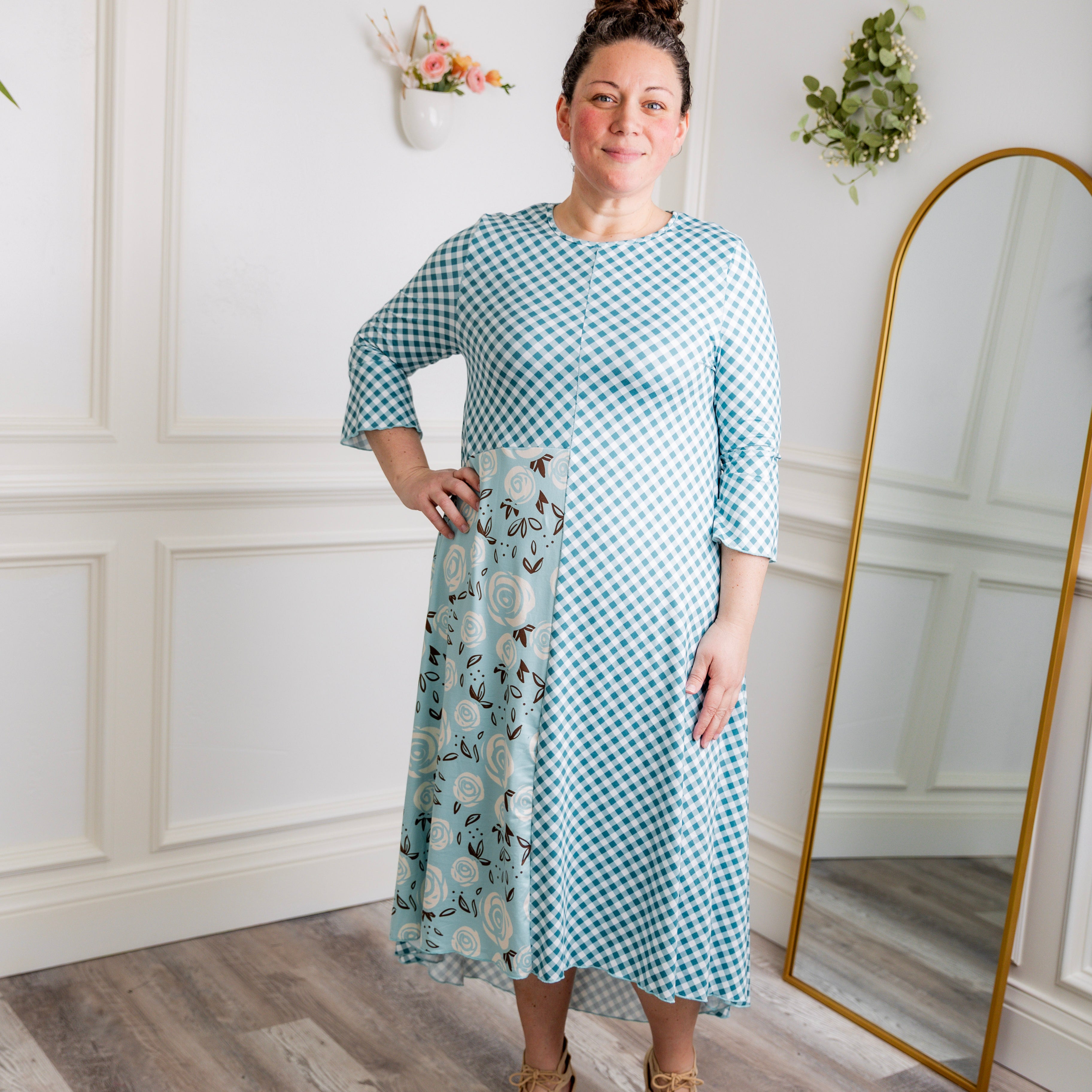 Modest high low knit dress with asymmetrical hem, ruffle sleeves, and mixed front prints – Kristine Dress by Nuggles®