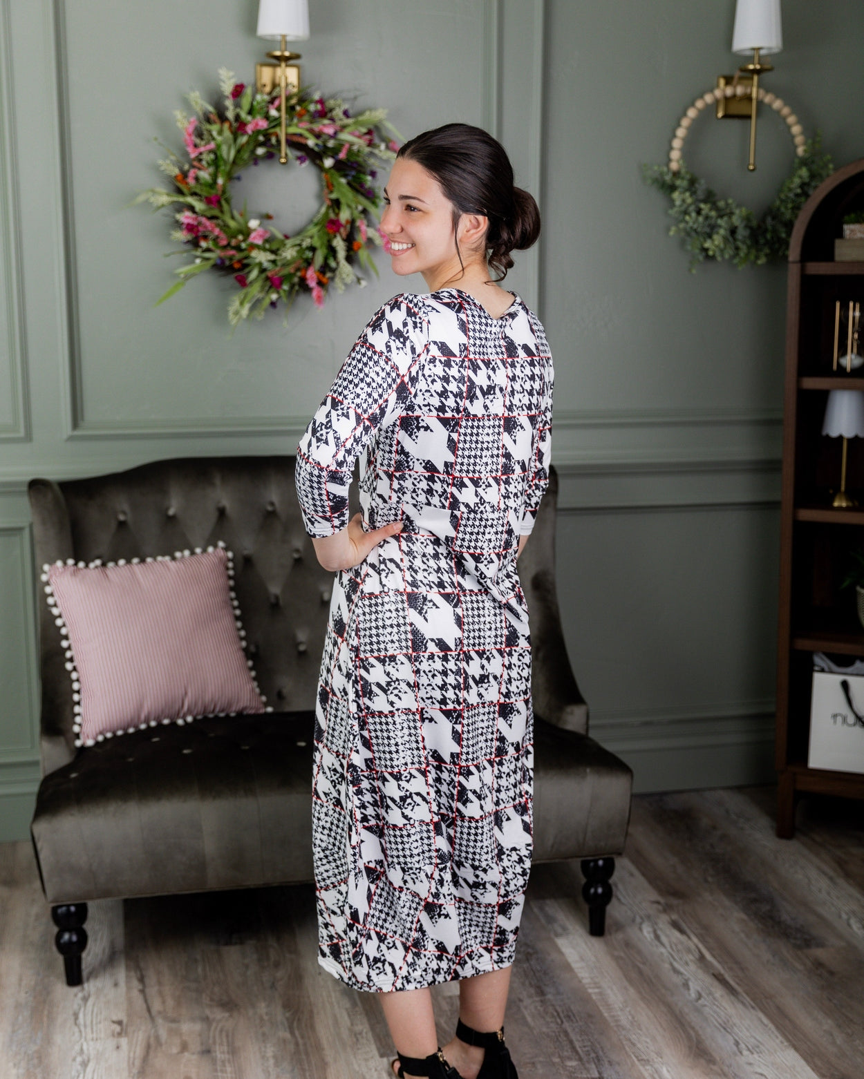 Model wearing Nuggles® Cindy Bubble Dress in Midtown Plaid