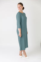 Nuggles® Allie Dress – Modest ribbed knit T-shirt dress with 3/4 sleeves and front pocket.