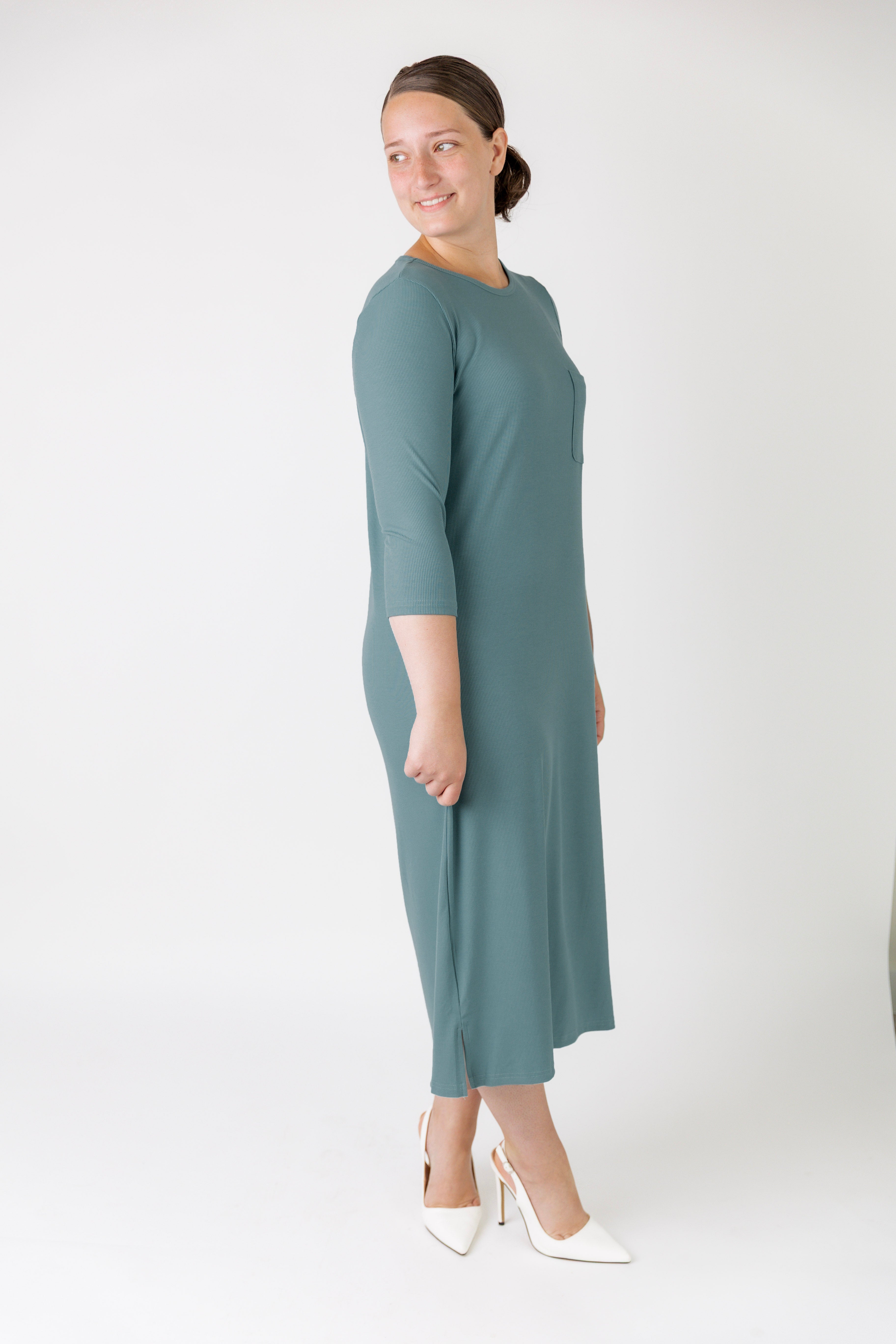 Nuggles® Allie Dress – Modest ribbed knit T-shirt dress with 3/4 sleeves and front pocket.