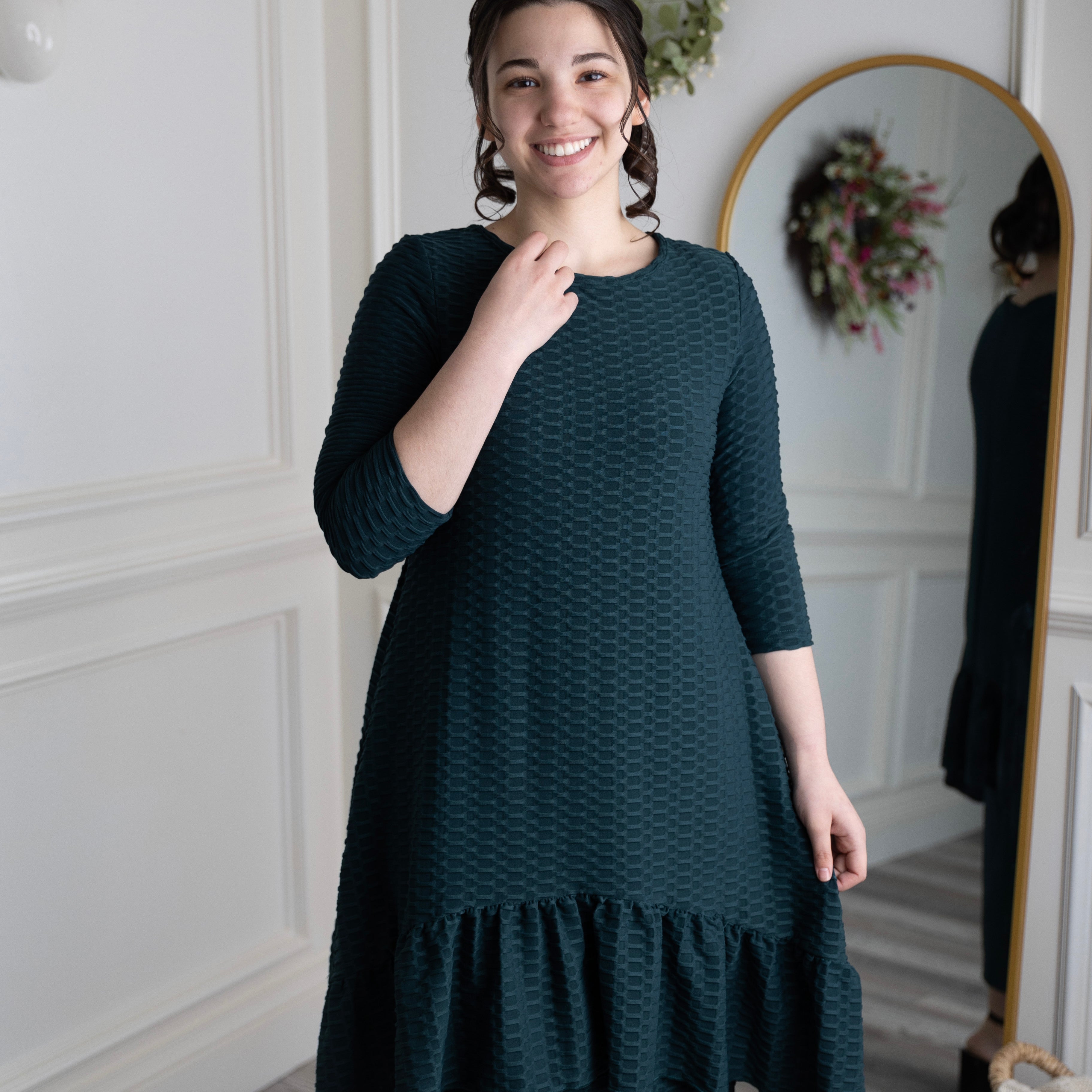 Modest solid Rose Top for women in textured fabric, long hip-length cut, paired with matching midi skirt from Nuggles®