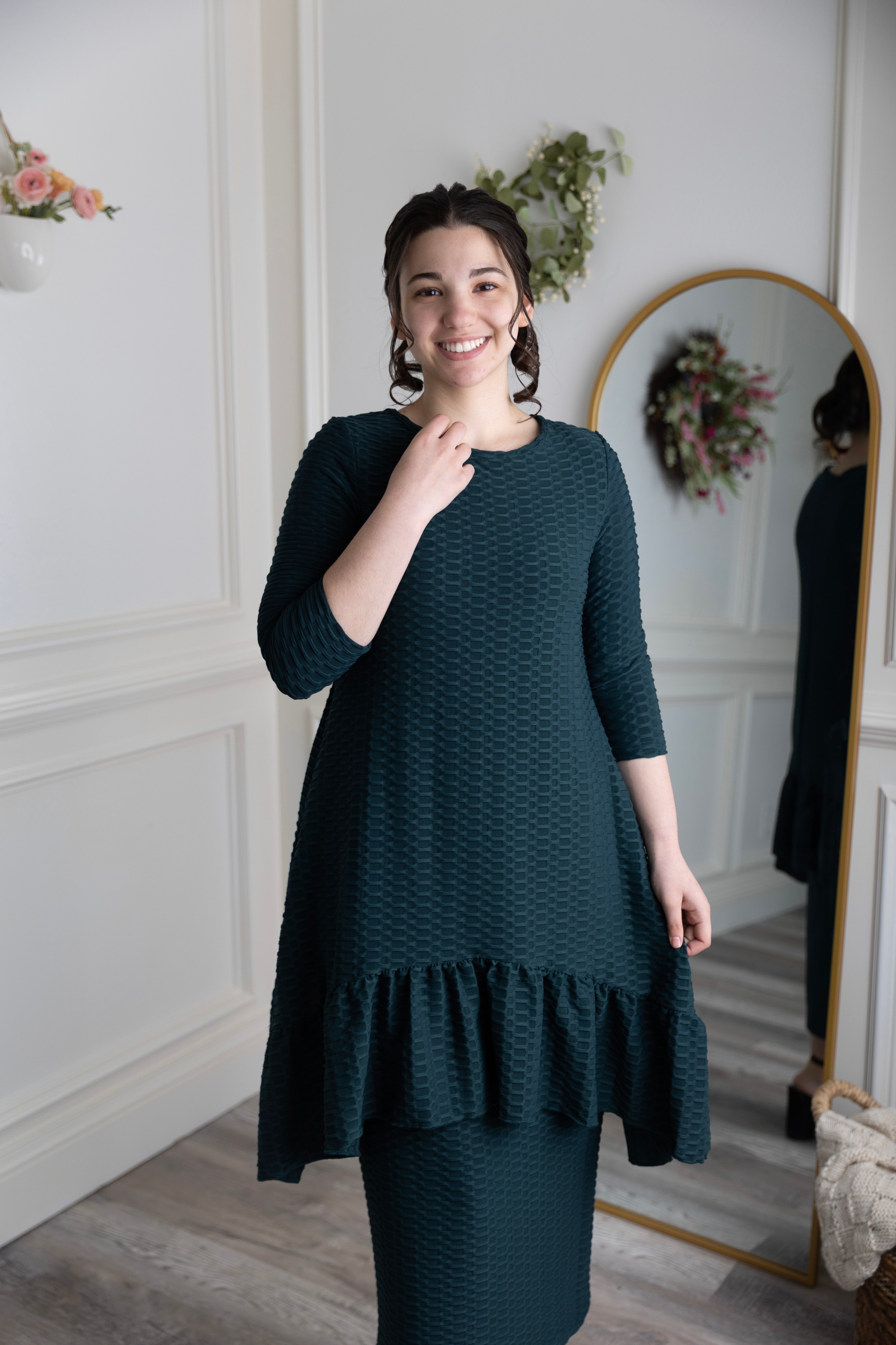 Modest solid Rose Top for women in textured fabric, long hip-length cut, paired with matching midi skirt from Nuggles®