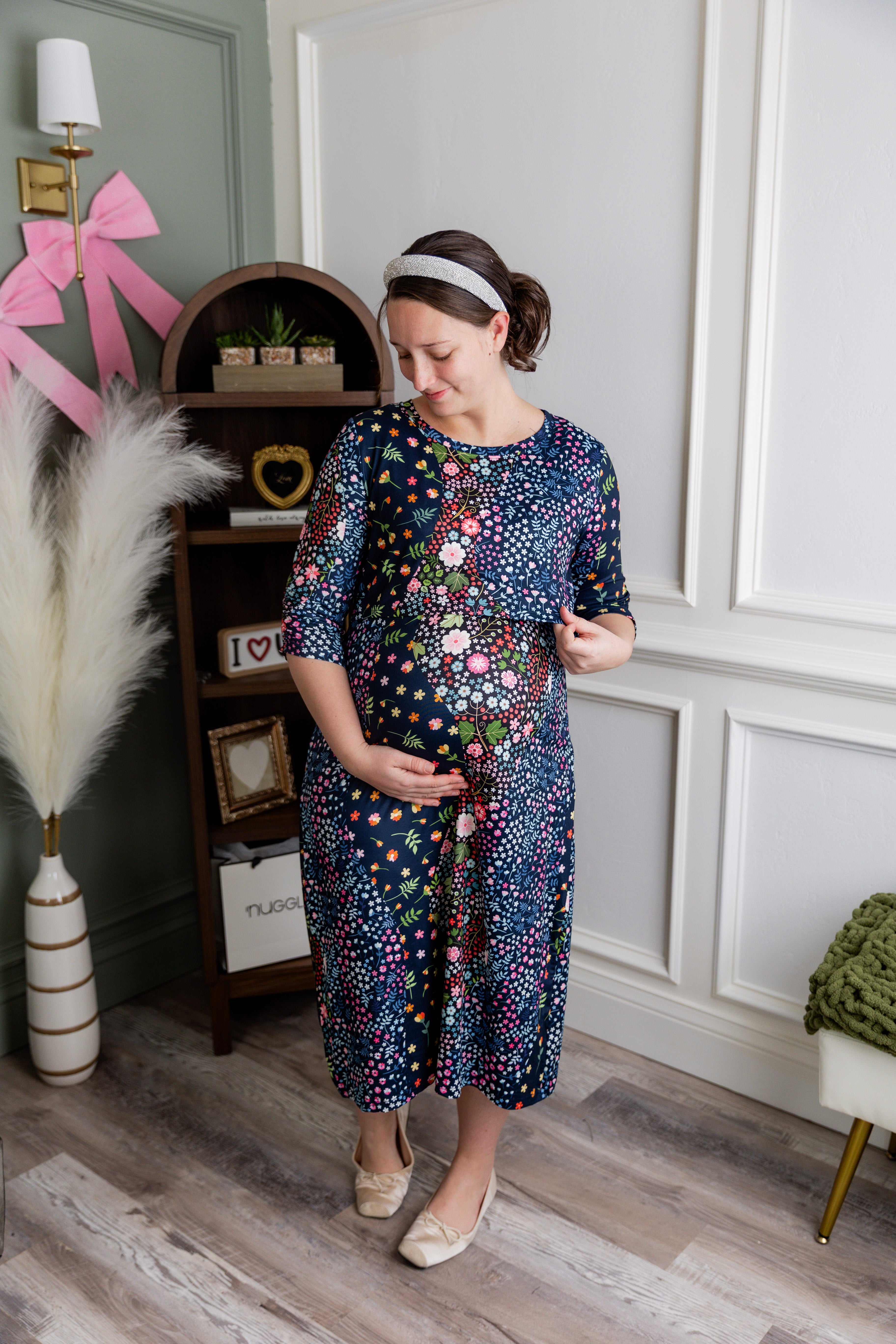 Model wearing Nuggles® Nalani Nursing Dress in Star Garden