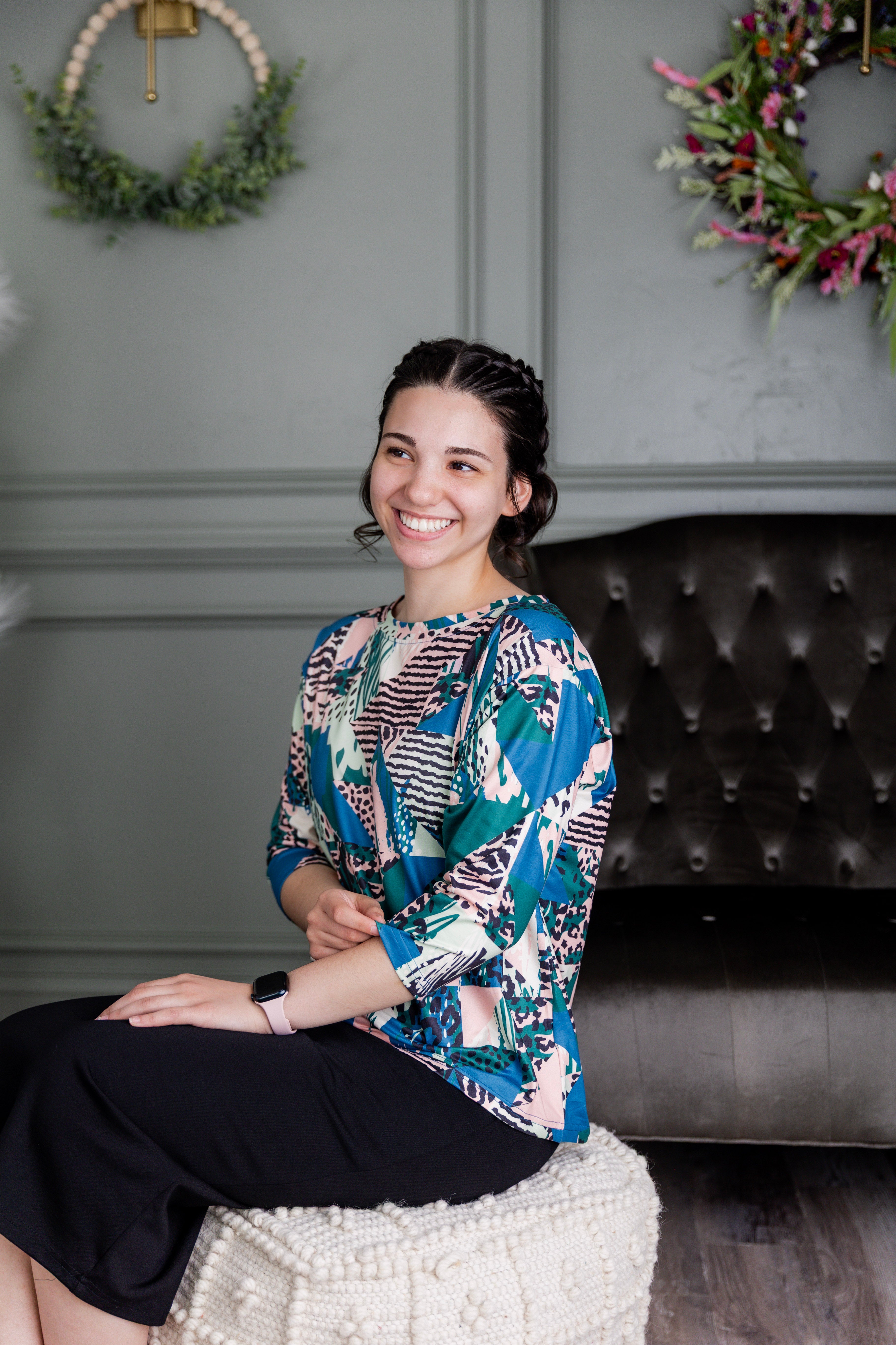 Model wearing the Nuggles® Lucia Top in Neon Boardwalk