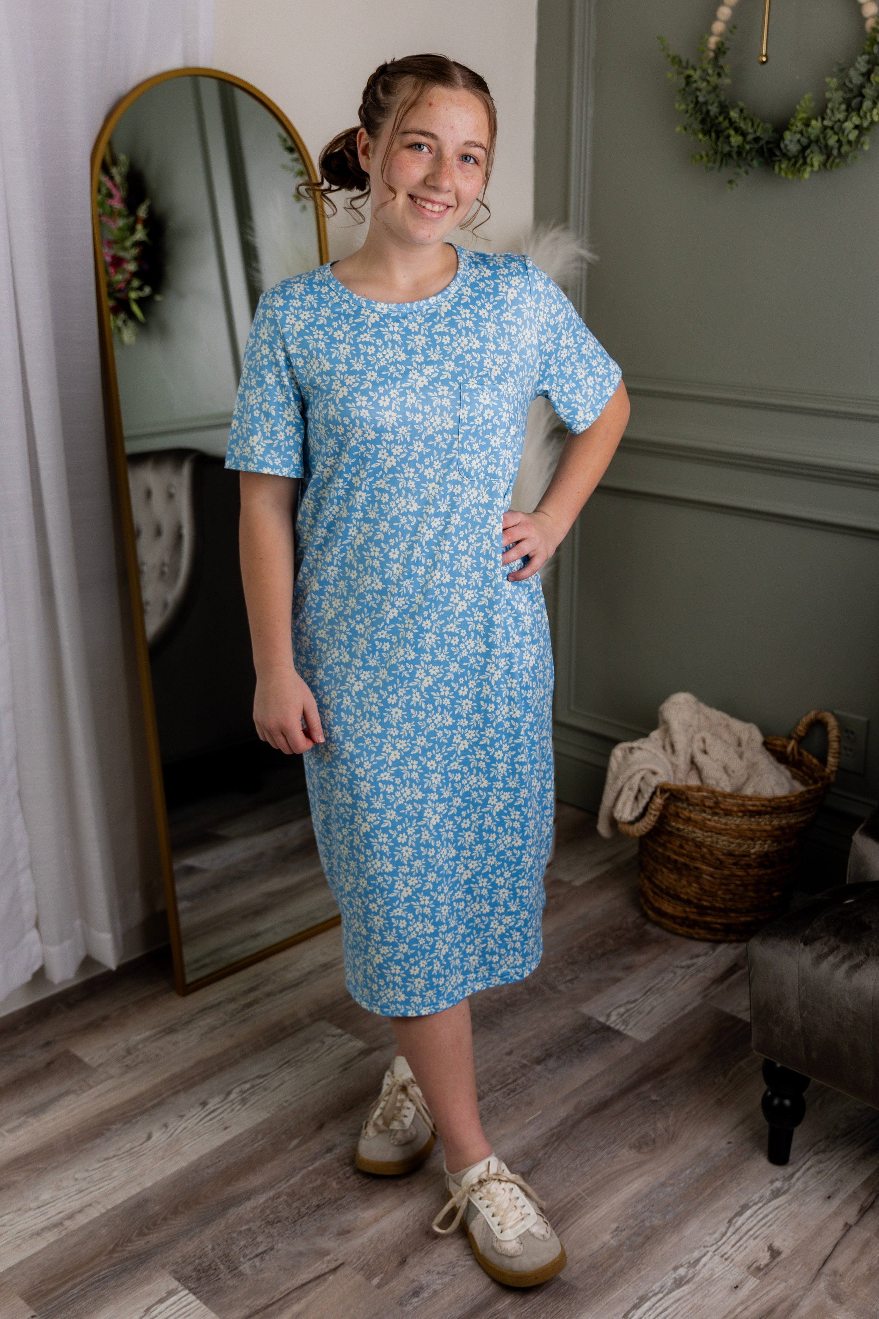 Model wearing Nuggles® Aviva Dress in Bluebell Drift