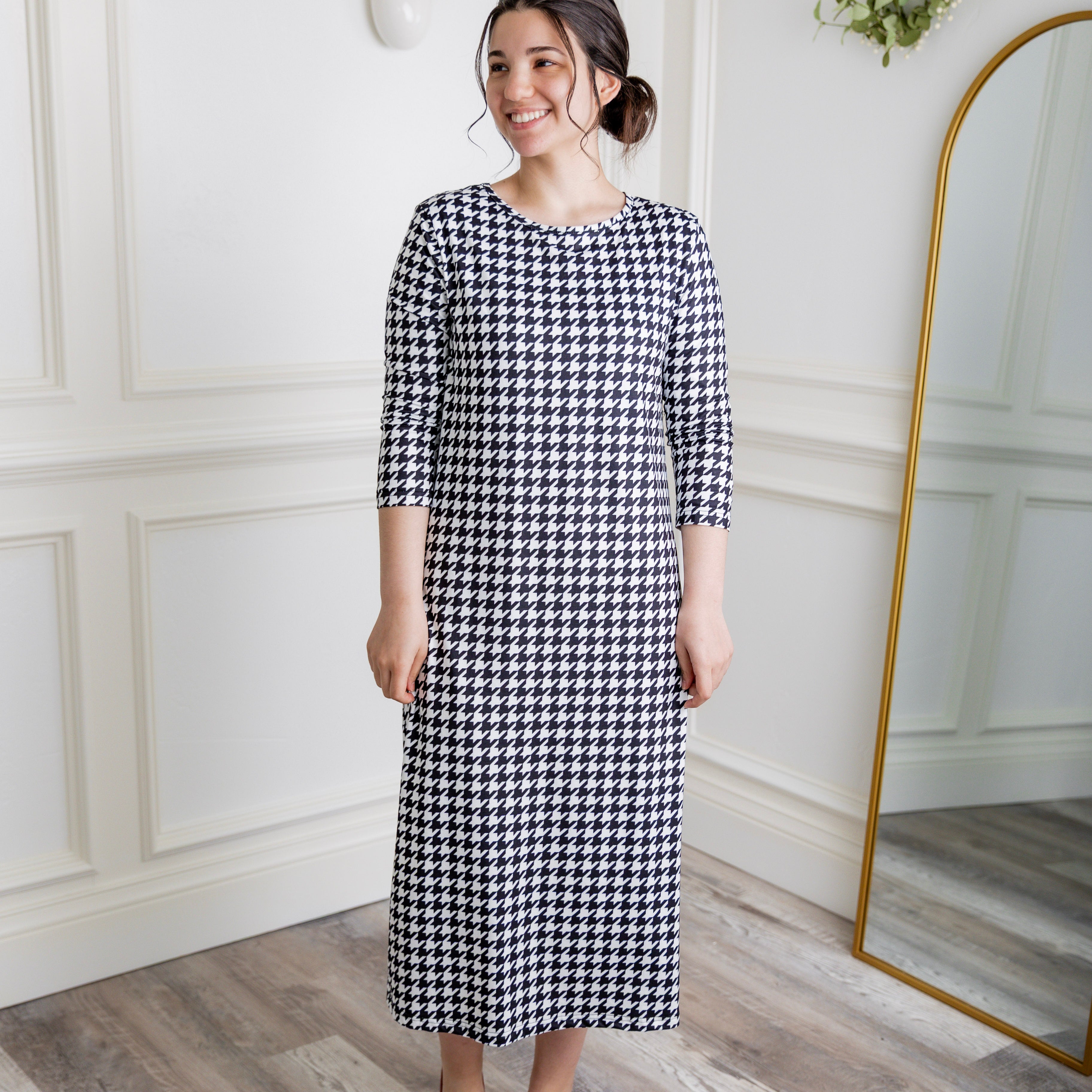 Model wearing  Nuggles® Original Style Midi Layering Dress in soft cotton knit