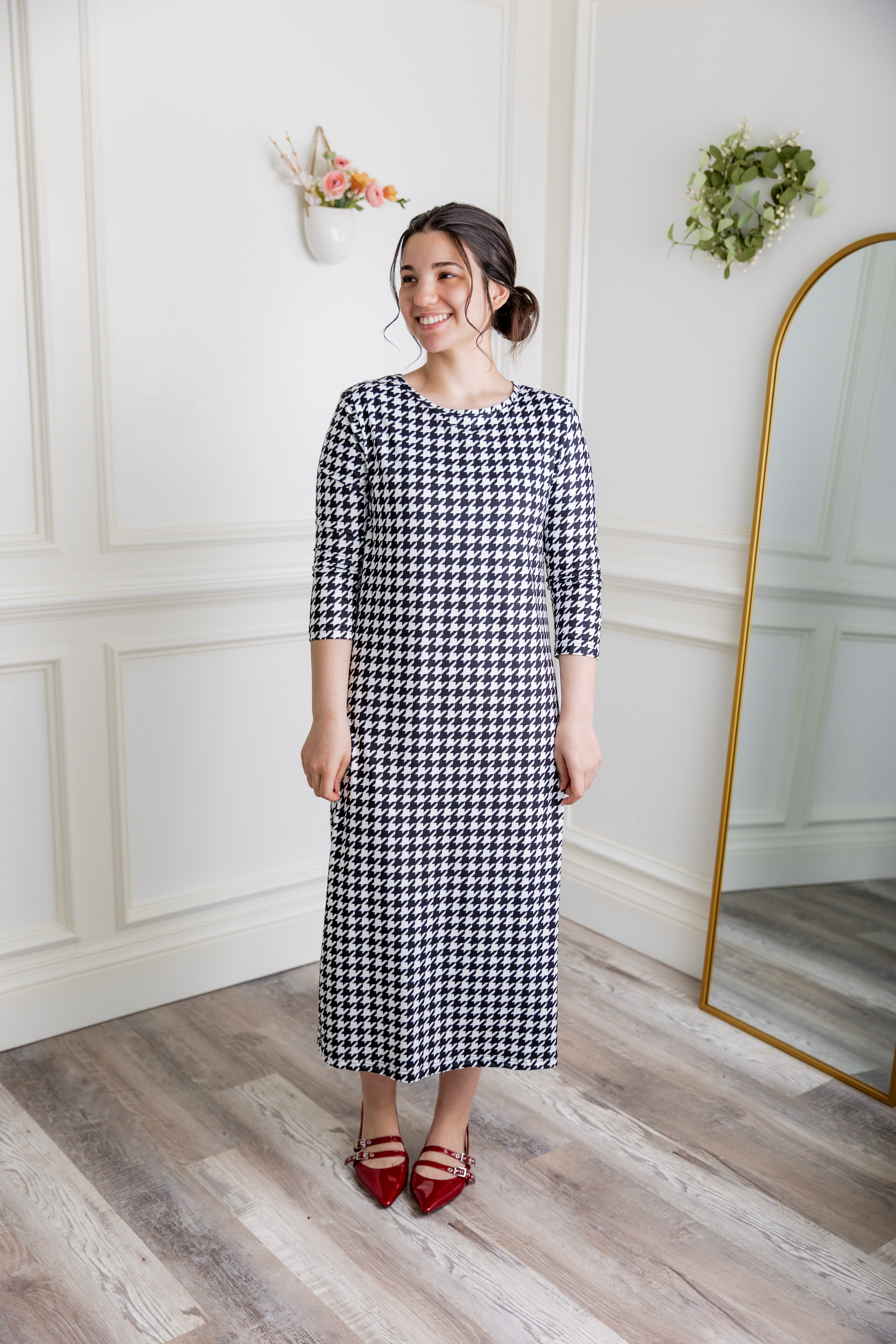 Model wearing  Nuggles® Original Style Midi Layering Dress in soft cotton knit