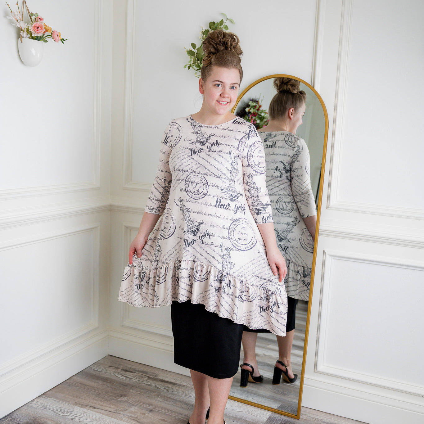 Modest print tunic for women – Nuggles® Rose Top with high-low ruffle hem and 3/4 sleeves.