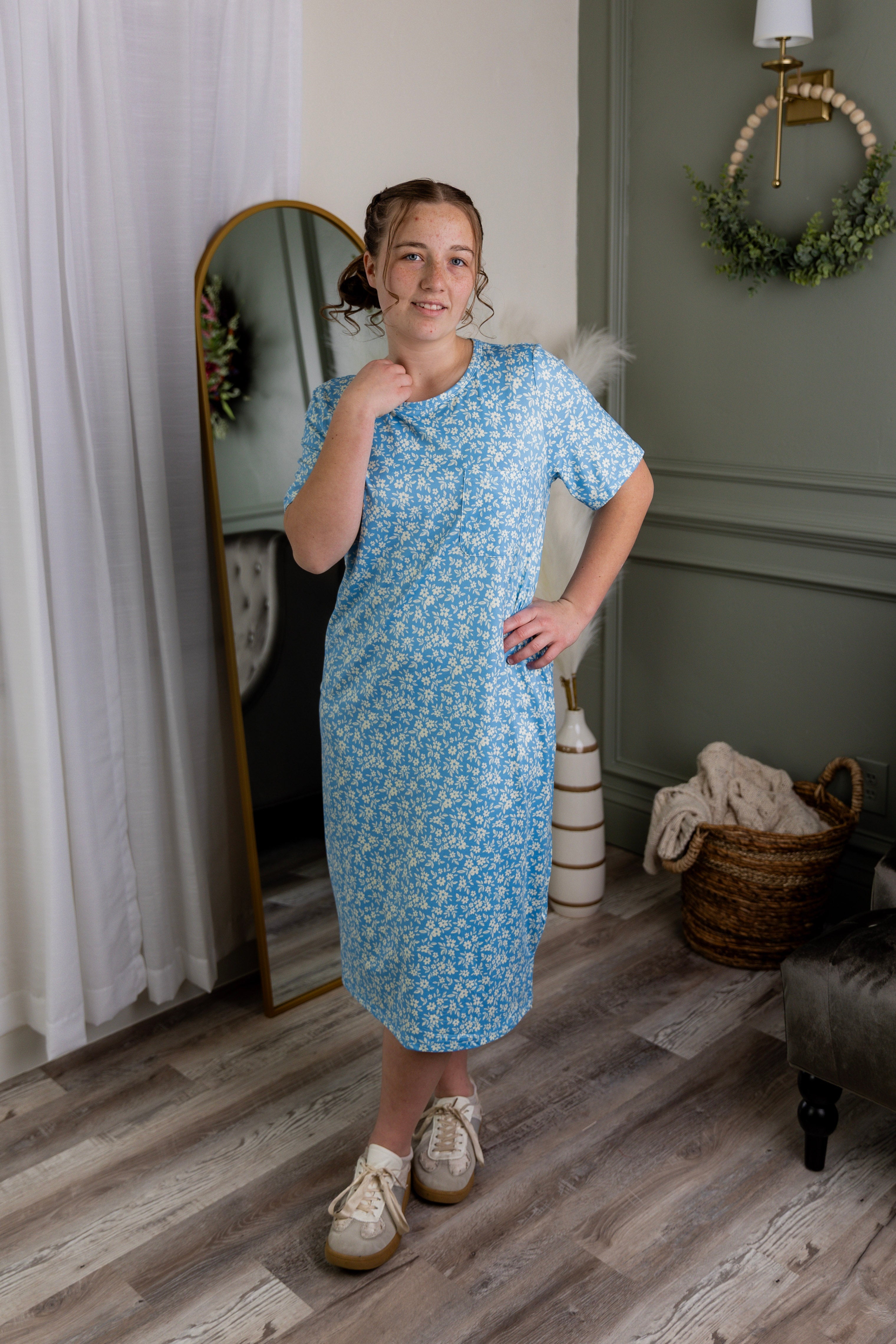 Model wearing Nuggles® Aviva Dress in Bluebell Drift