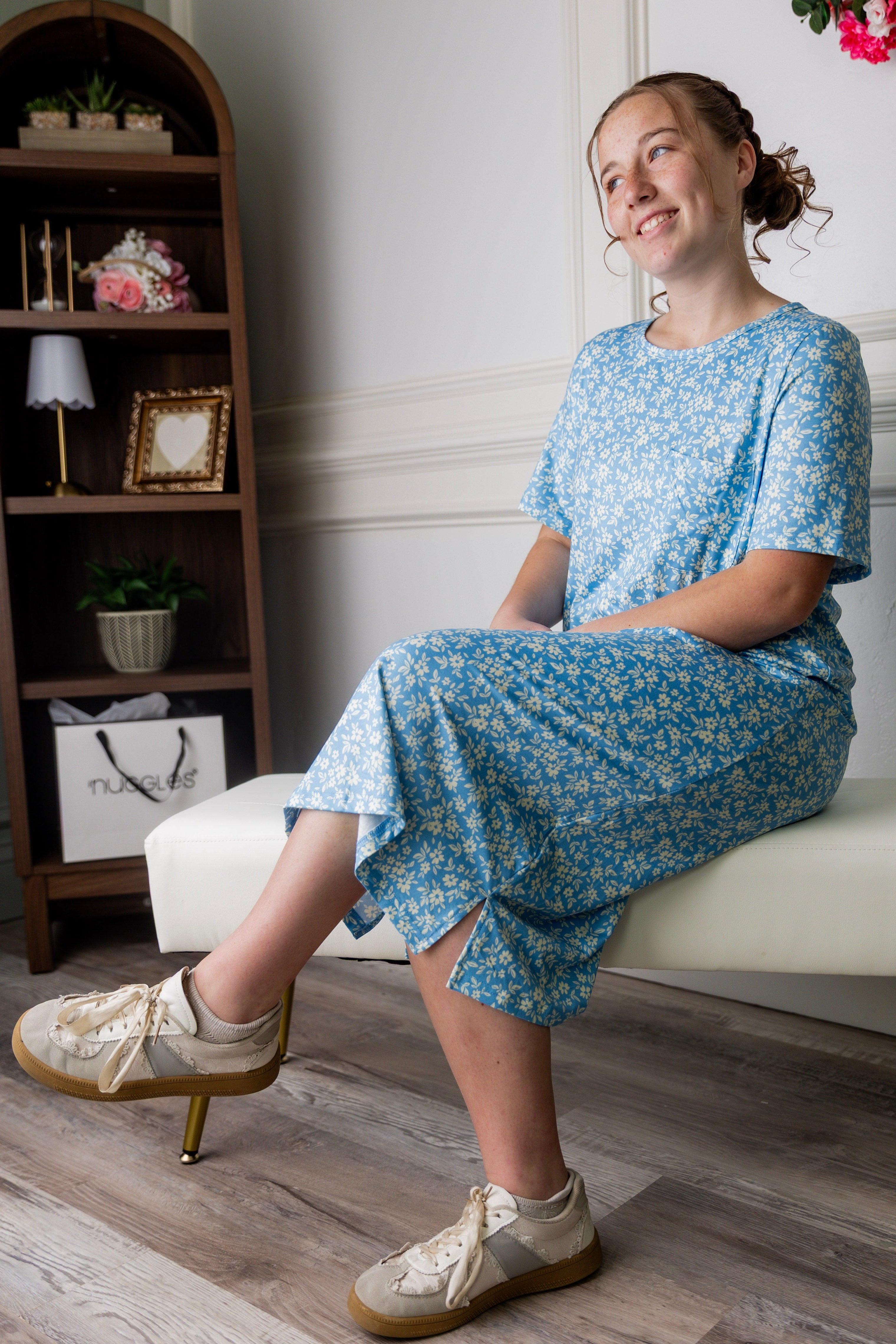 Model wearing Nuggles® Aviva Dress in Bluebell Drift