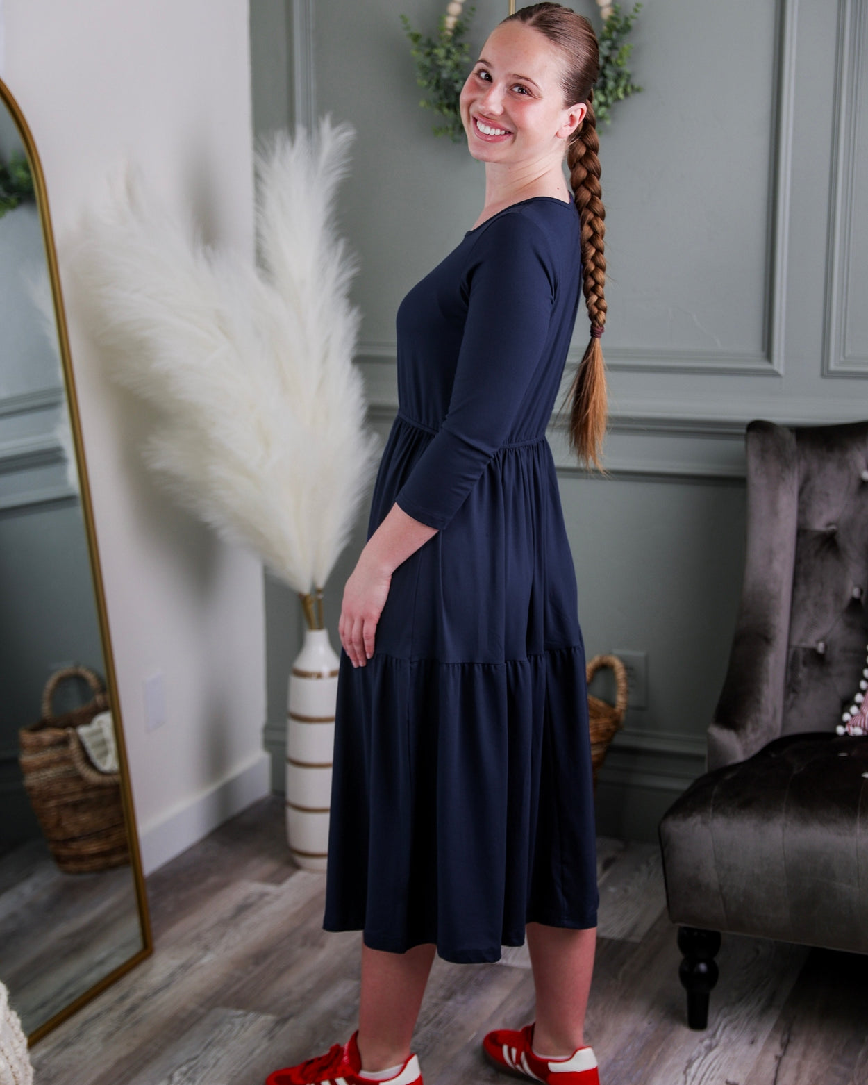 Model wearing Nuggles® Nova Dress in Navy