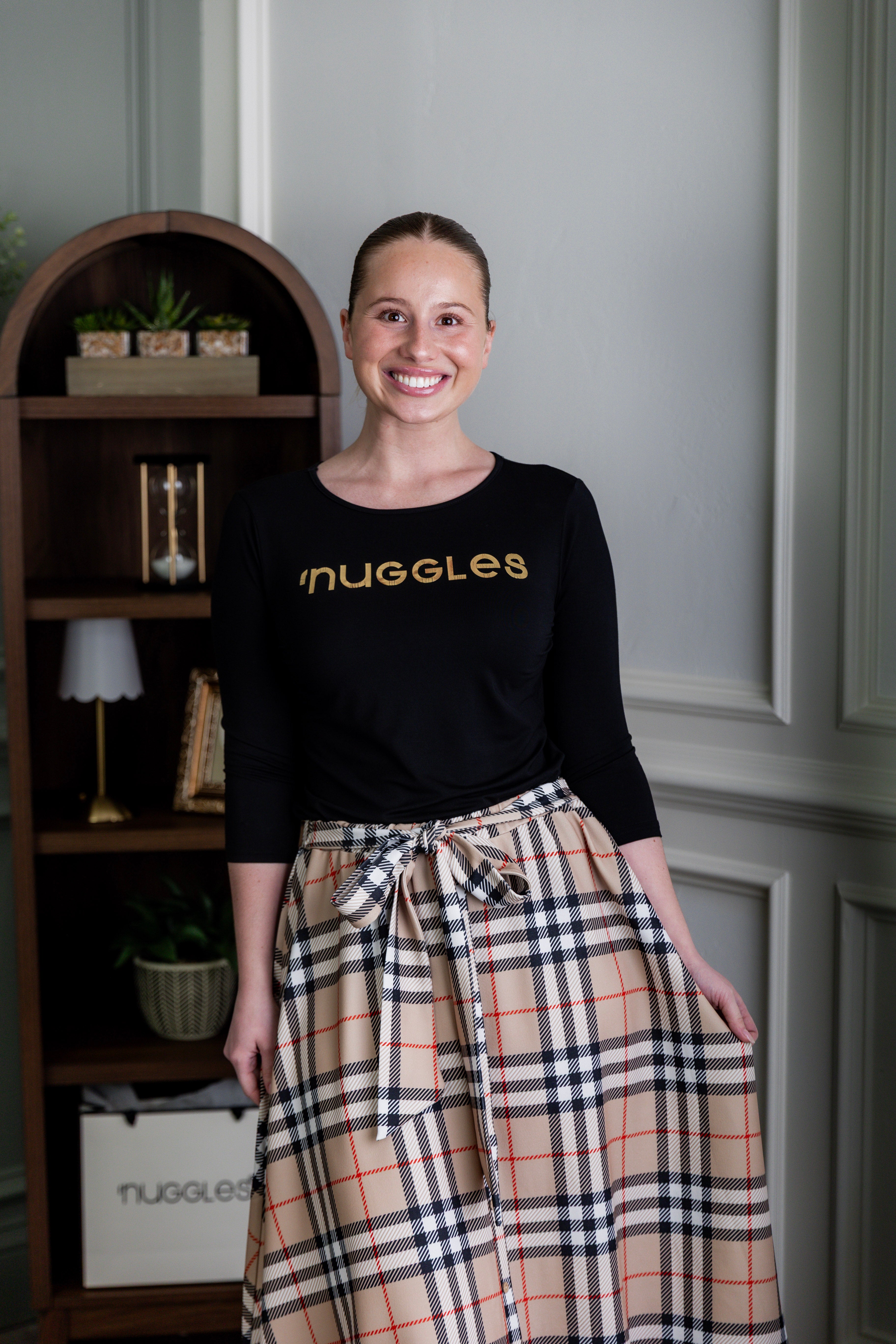 Nuggles® Bria Skirt Sand Plaid neutral plaid midi skirt with waist tie