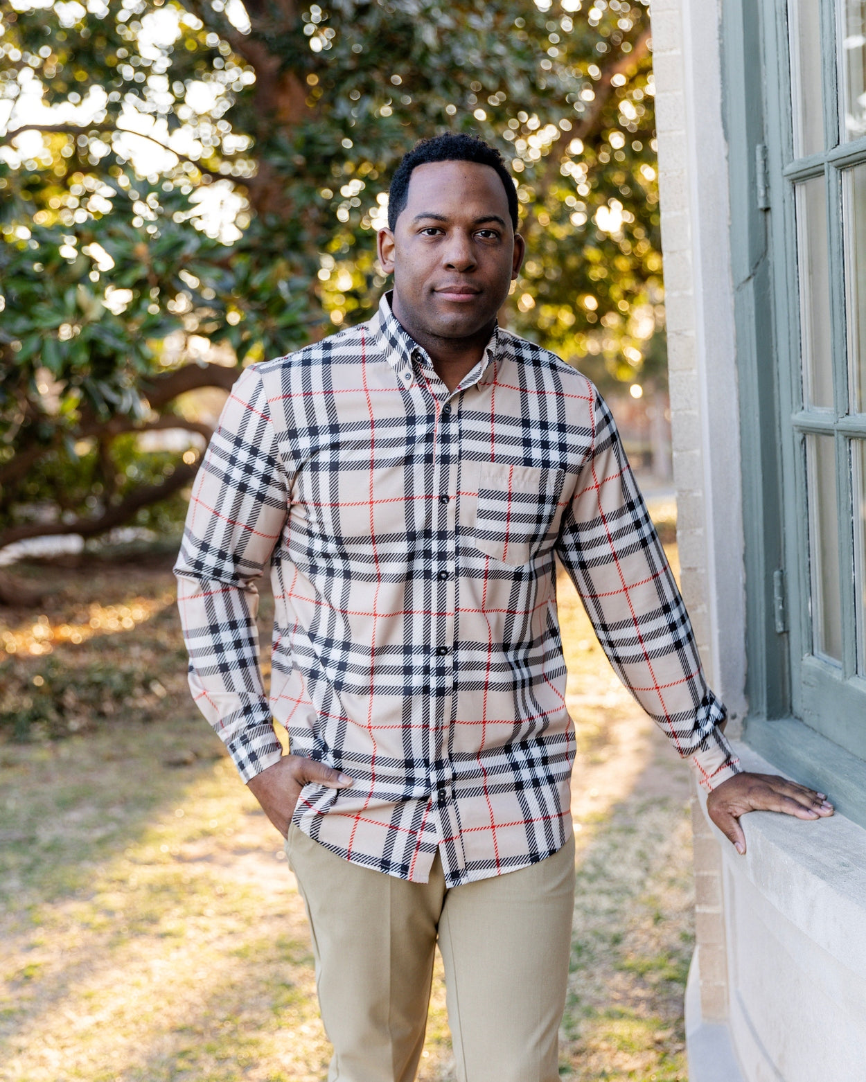 Men's Button Down Shirt in Sand Plaid - Final Sale nuggles-clothing