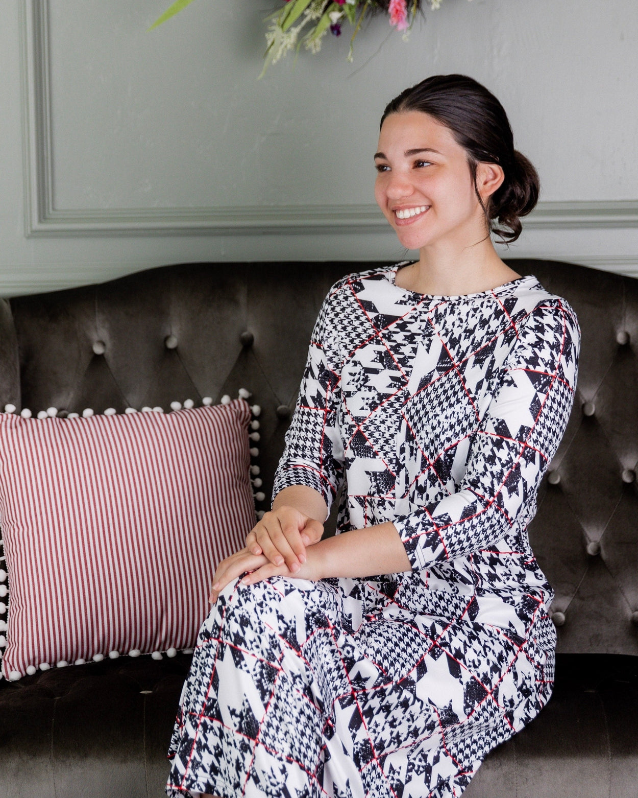 Model wearing Nuggles® Cindy Bubble Dress in Midtown Plaid