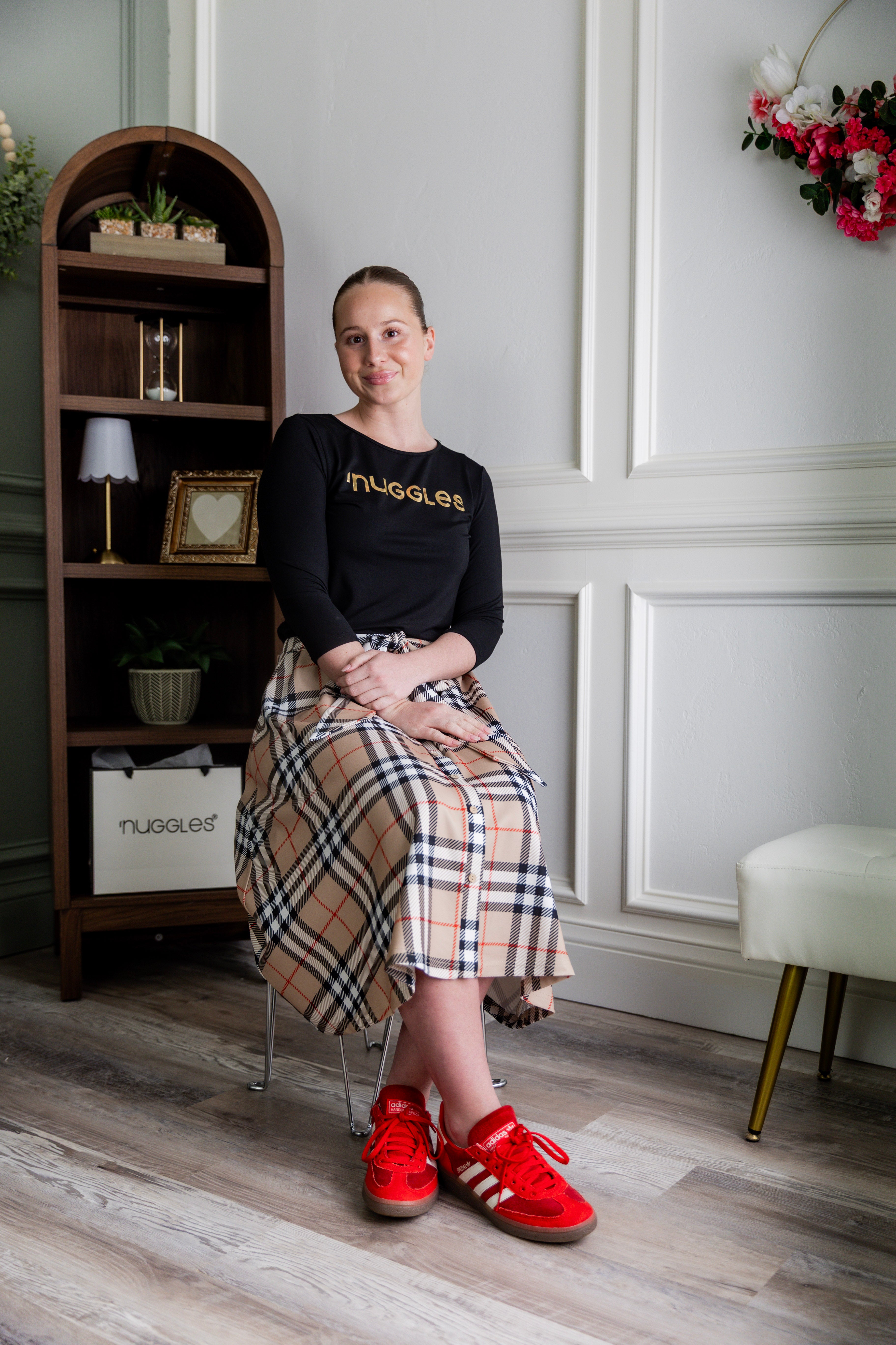 Nuggles® Bria Skirt Sand Plaid neutral plaid midi skirt with waist tie