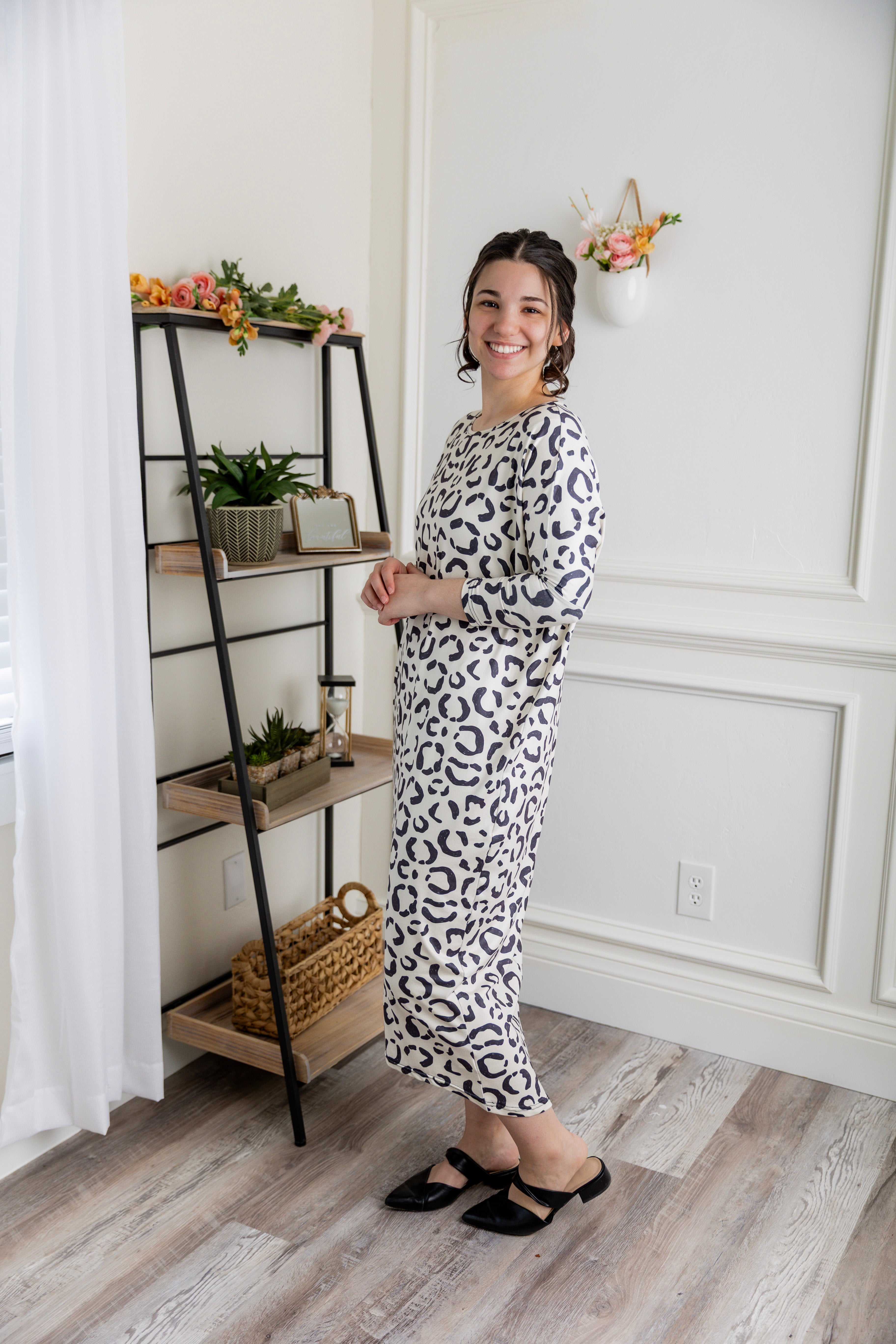 Modest dolman sleeve dress for women with relaxed fit and tapered hem, made from soft stretch knit fabric – perfect for everyday wear.