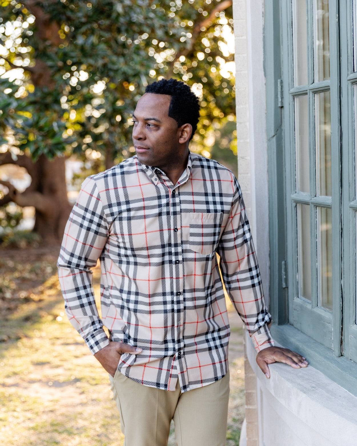 Men's Button Down Shirt in Sand Plaid - Final Sale nuggles-clothing