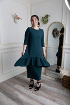 Modest solid Rose Top for women in textured fabric, long hip-length cut, paired with matching midi skirt from Nuggles®
