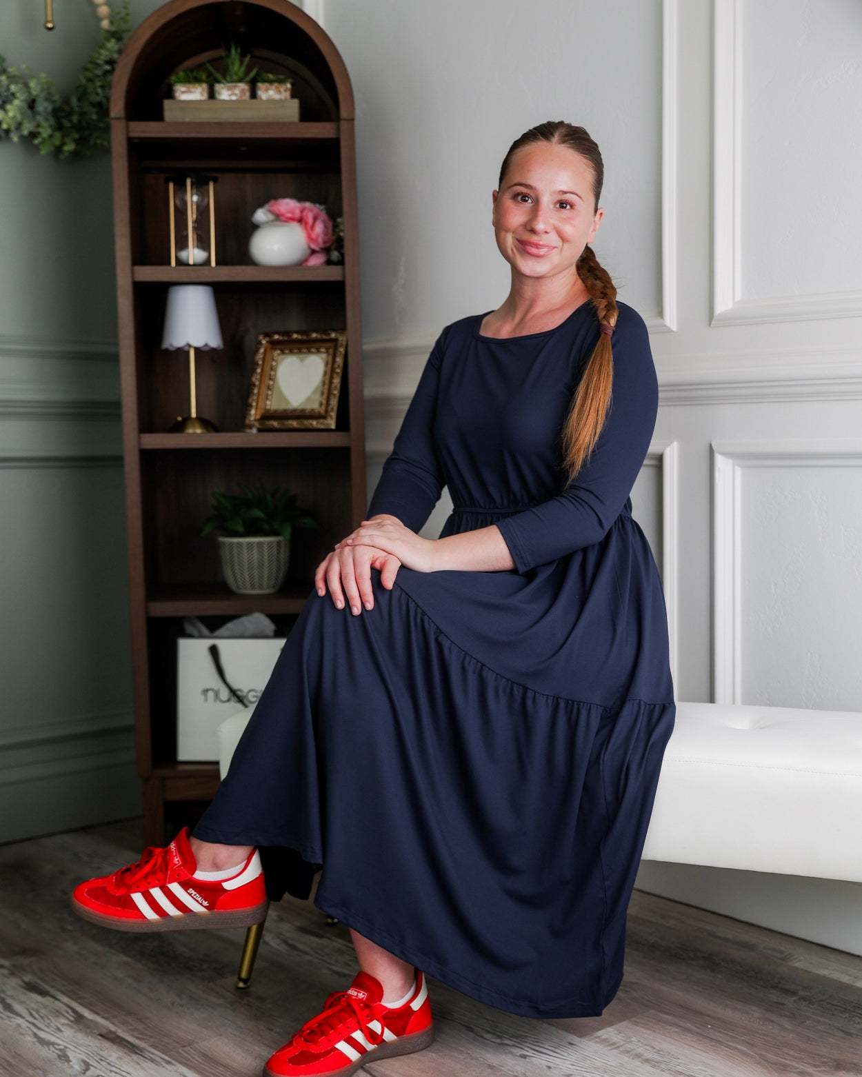 Model wearing Nuggles® Nova Dress in Navy