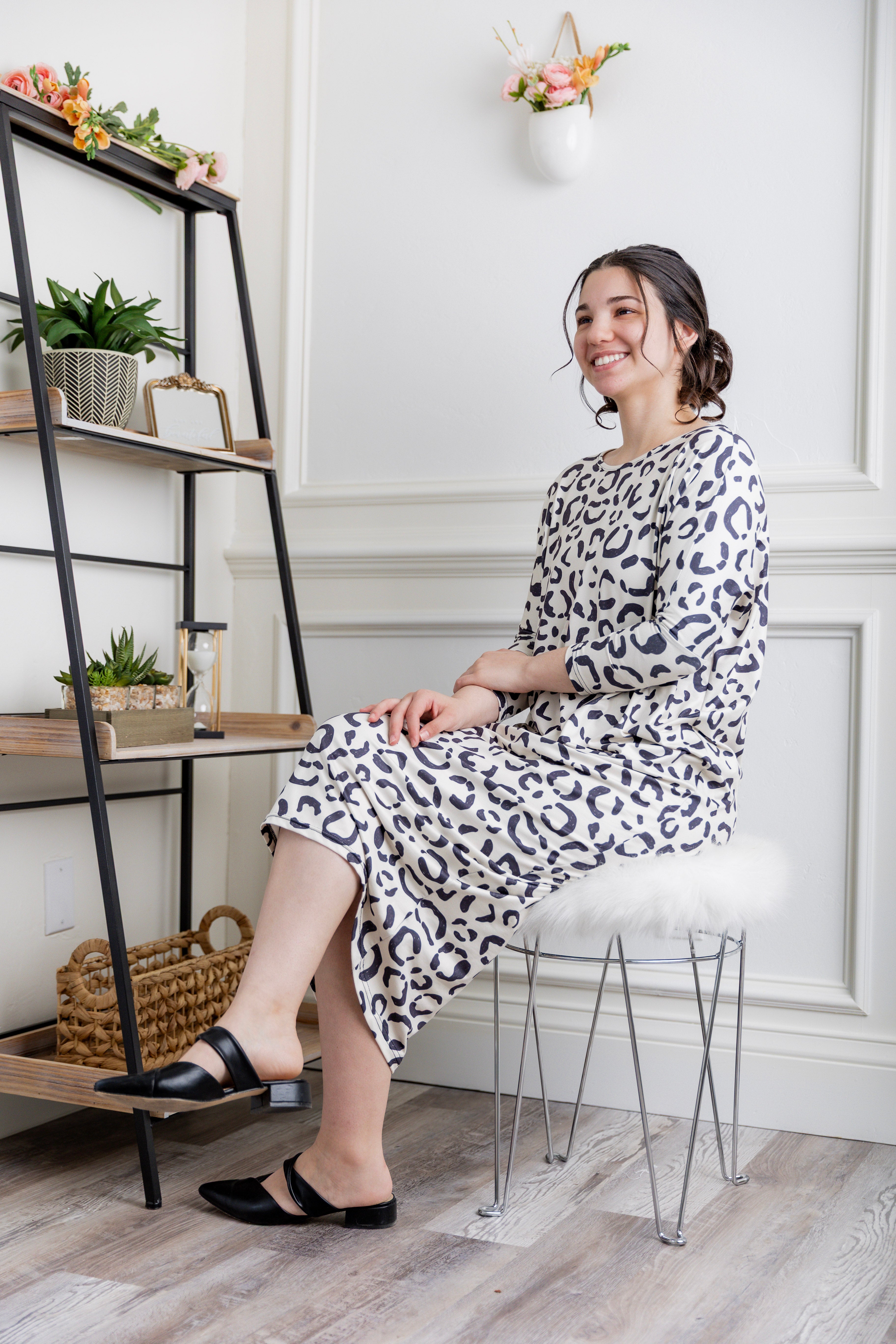 Modest dolman sleeve dress for women with relaxed fit and tapered hem, made from soft stretch knit fabric – perfect for everyday wear.