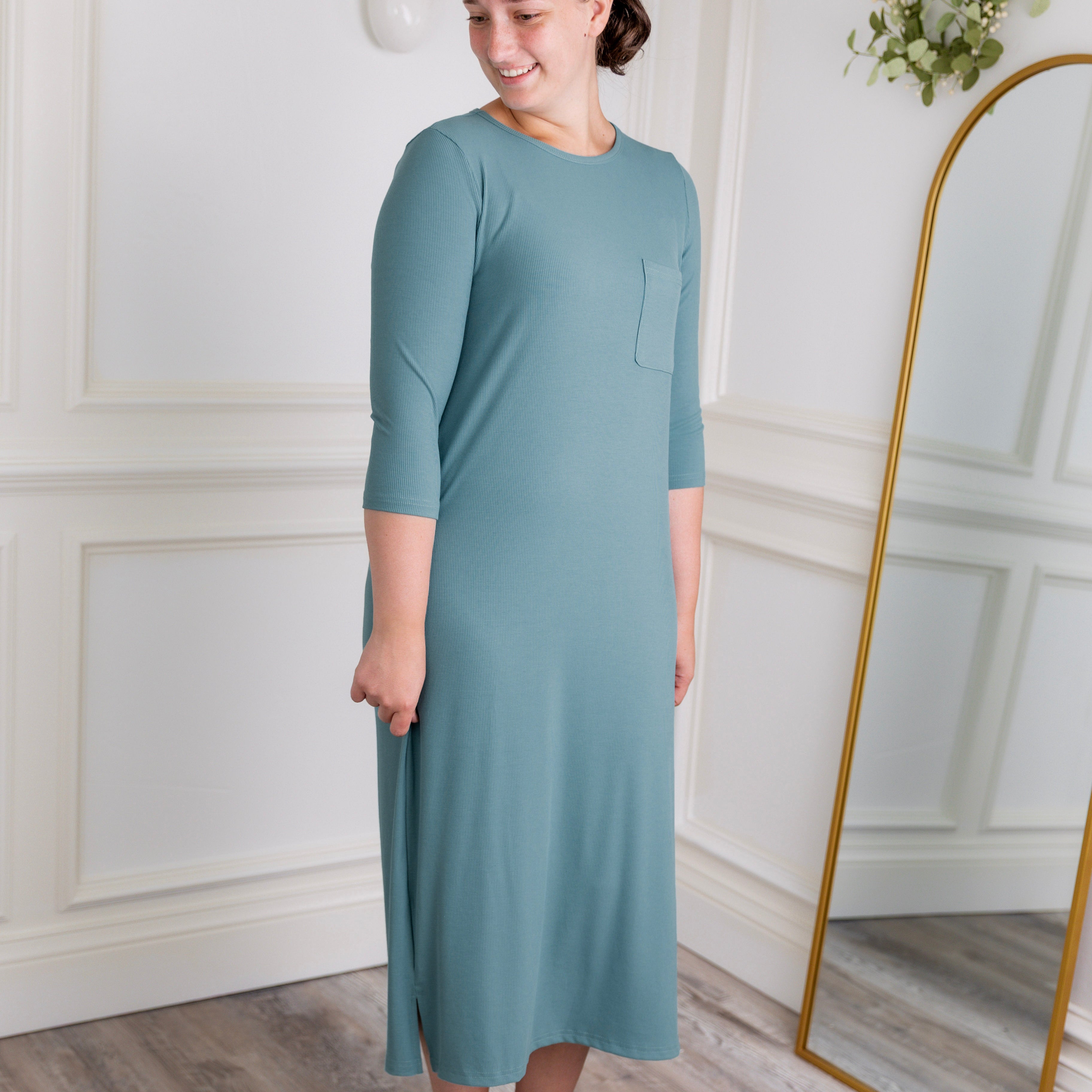 Nuggles® Allie Dress – Modest ribbed knit T-shirt dress with 3/4 sleeves and front pocket.