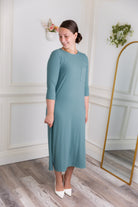 Nuggles® Allie Dress – Modest ribbed knit T-shirt dress with 3/4 sleeves and front pocket.