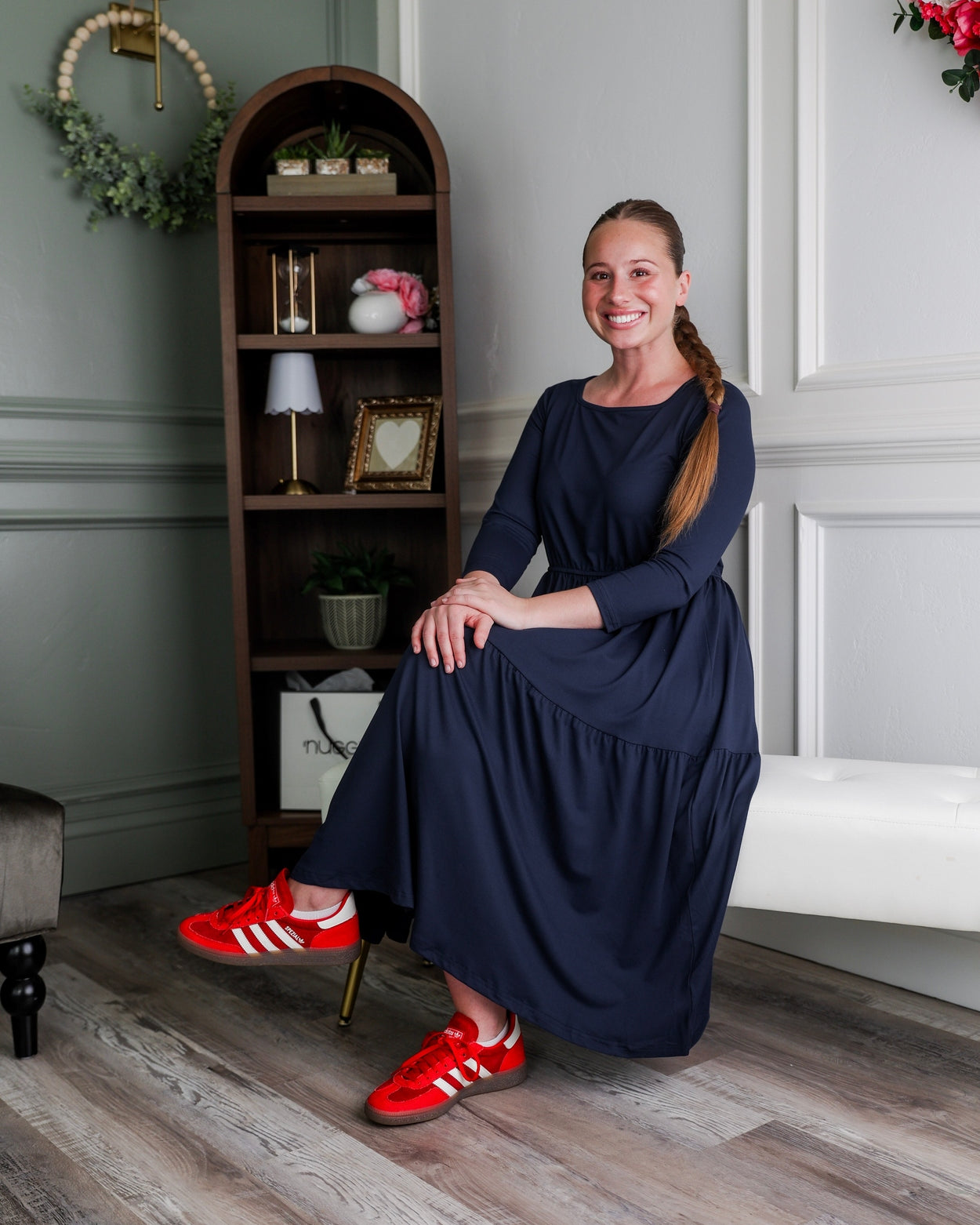 Model wearing Nuggles® Nova Dress in Navy