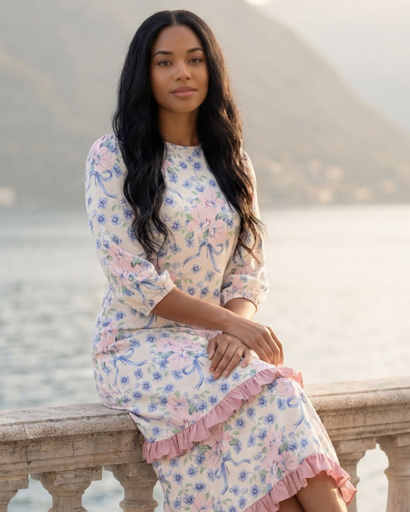 Model wearing Nuggles® Patricia Dress in Roselight Bloom