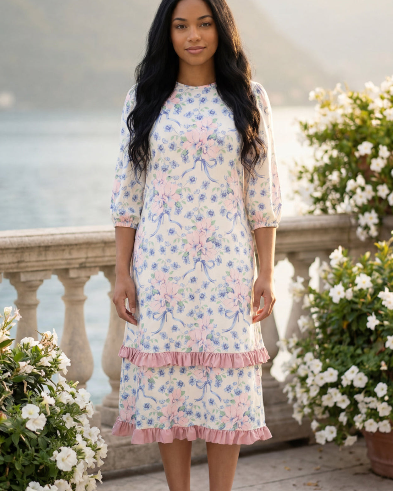 Model wearing Nuggles® Patricia Dress in Roselight Bloom