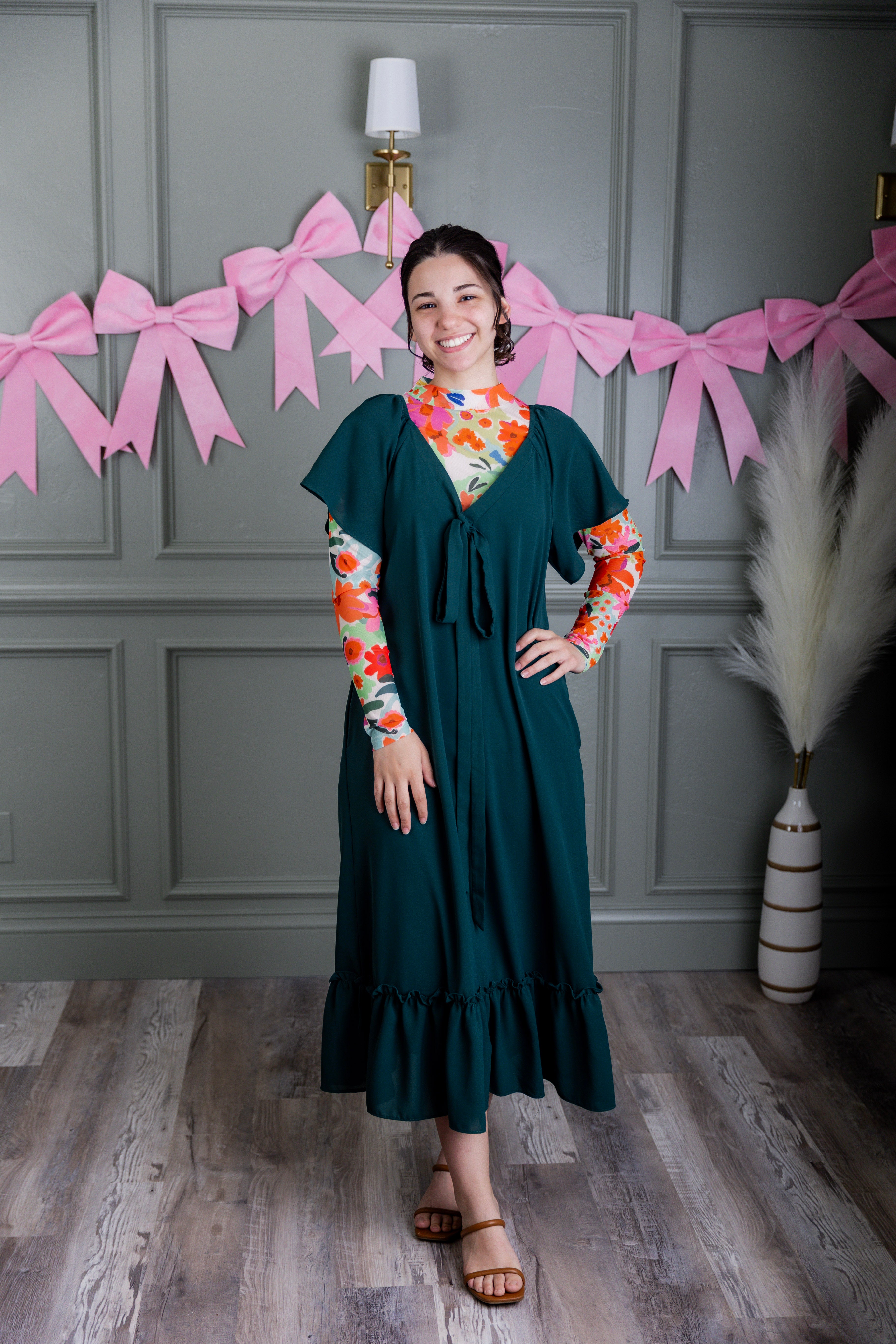 Model wearing Nuggles® Mesh Tee top in Confetti Bloom