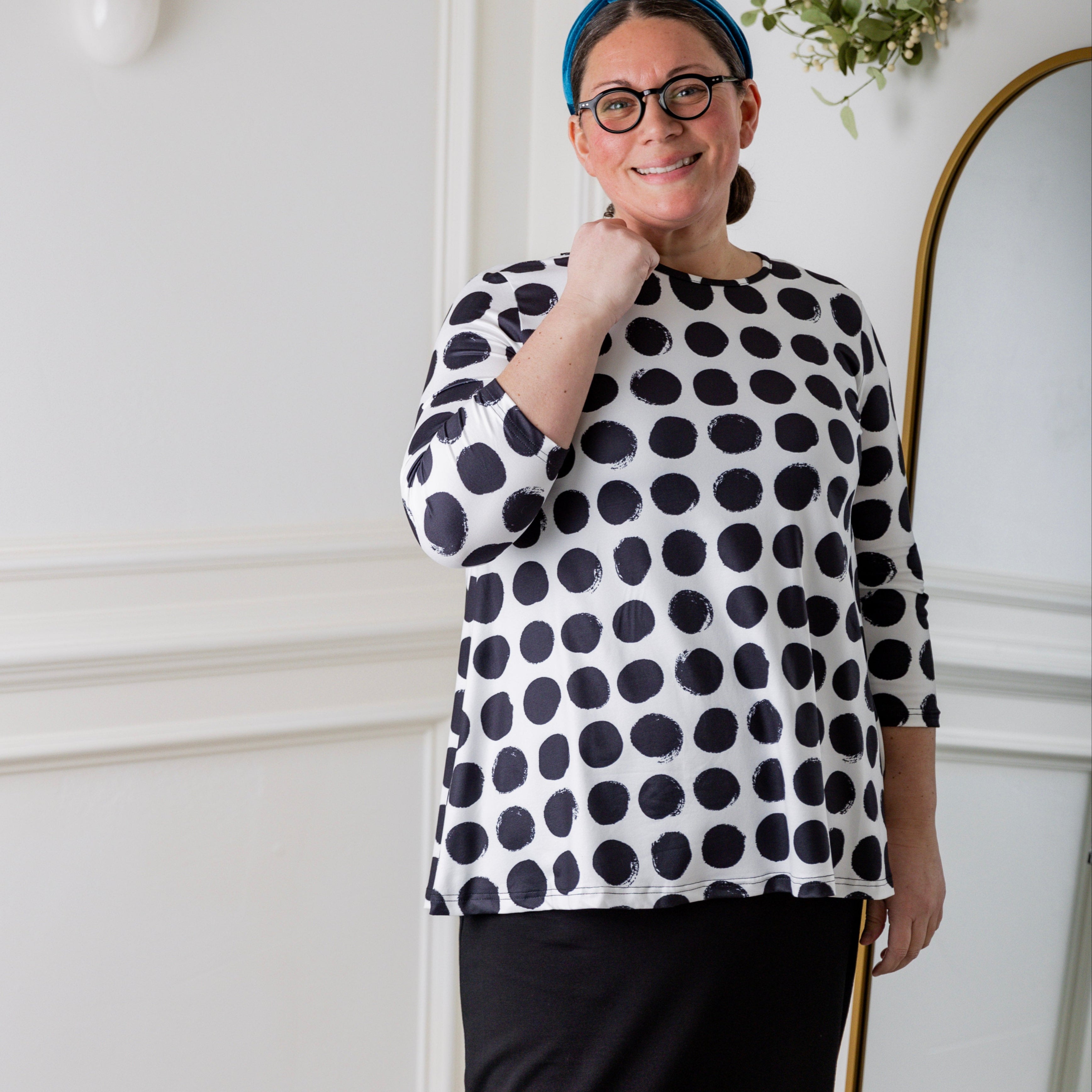 Modest 3/4 sleeve tunic top for women – Lexi Top by Nuggles®, flattering loose fit with soft stretch fabric.