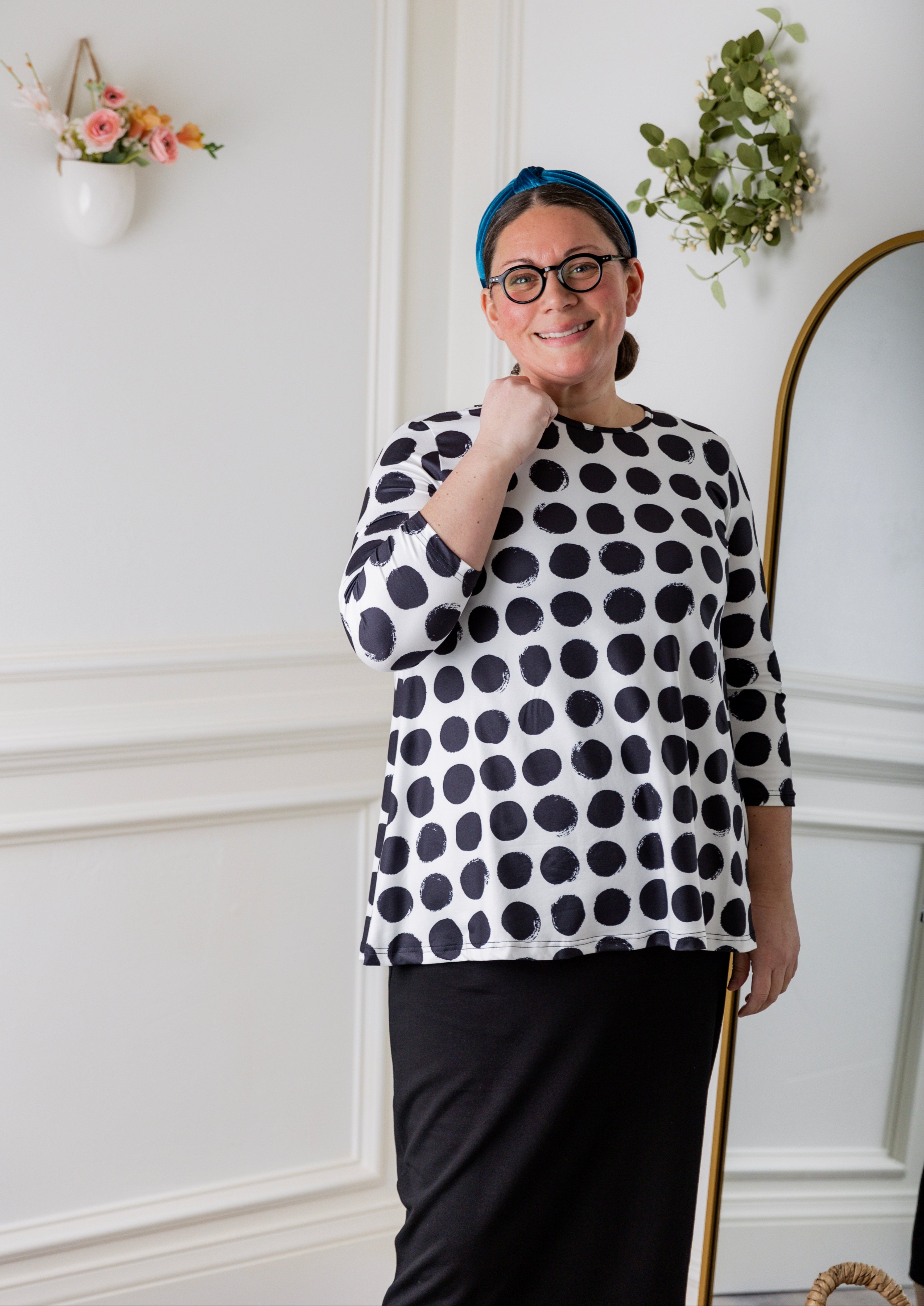 Modest 3/4 sleeve tunic top for women – Lexi Top by Nuggles®, flattering loose fit with soft stretch fabric.