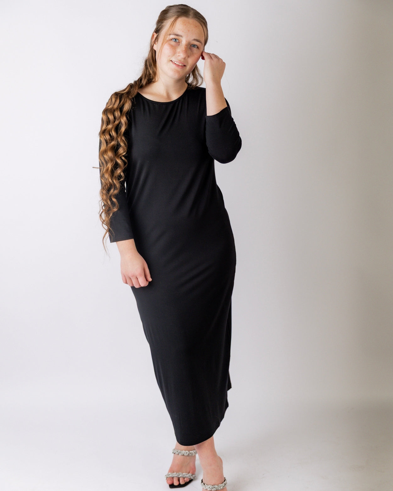 Model wearing Nuggles® Tea Layering Dress in Black
