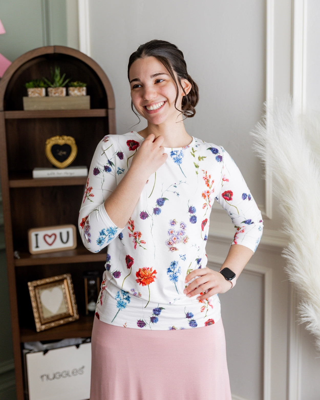 Model wearing Nuggles® 3/4 Essential Tee in Sunday Wildflowers