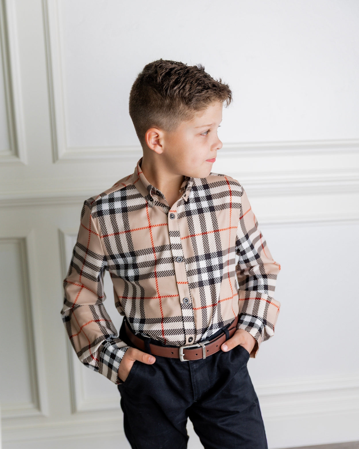Boys' Button Down Shirt in Sand Plaid - Final Sale nuggles-clothing