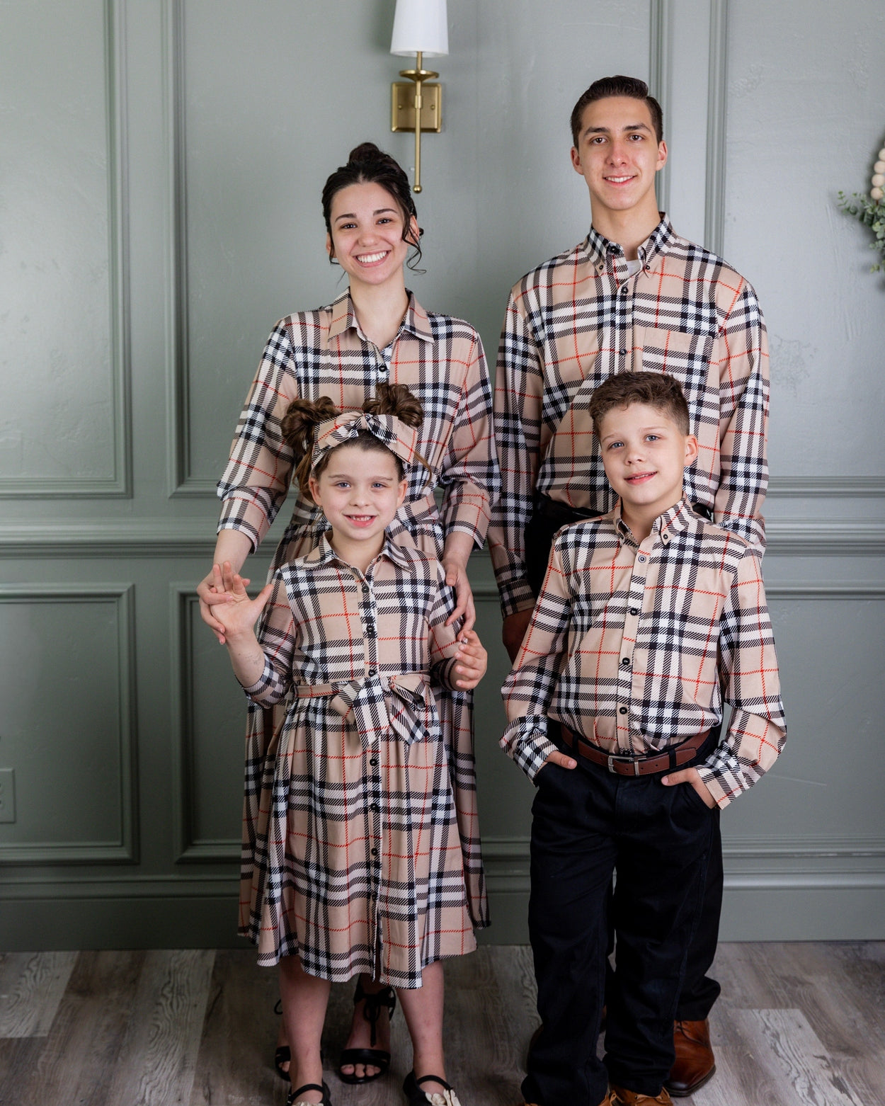 Models wearing our Nuggles® Easter Collection in Sand Plaid