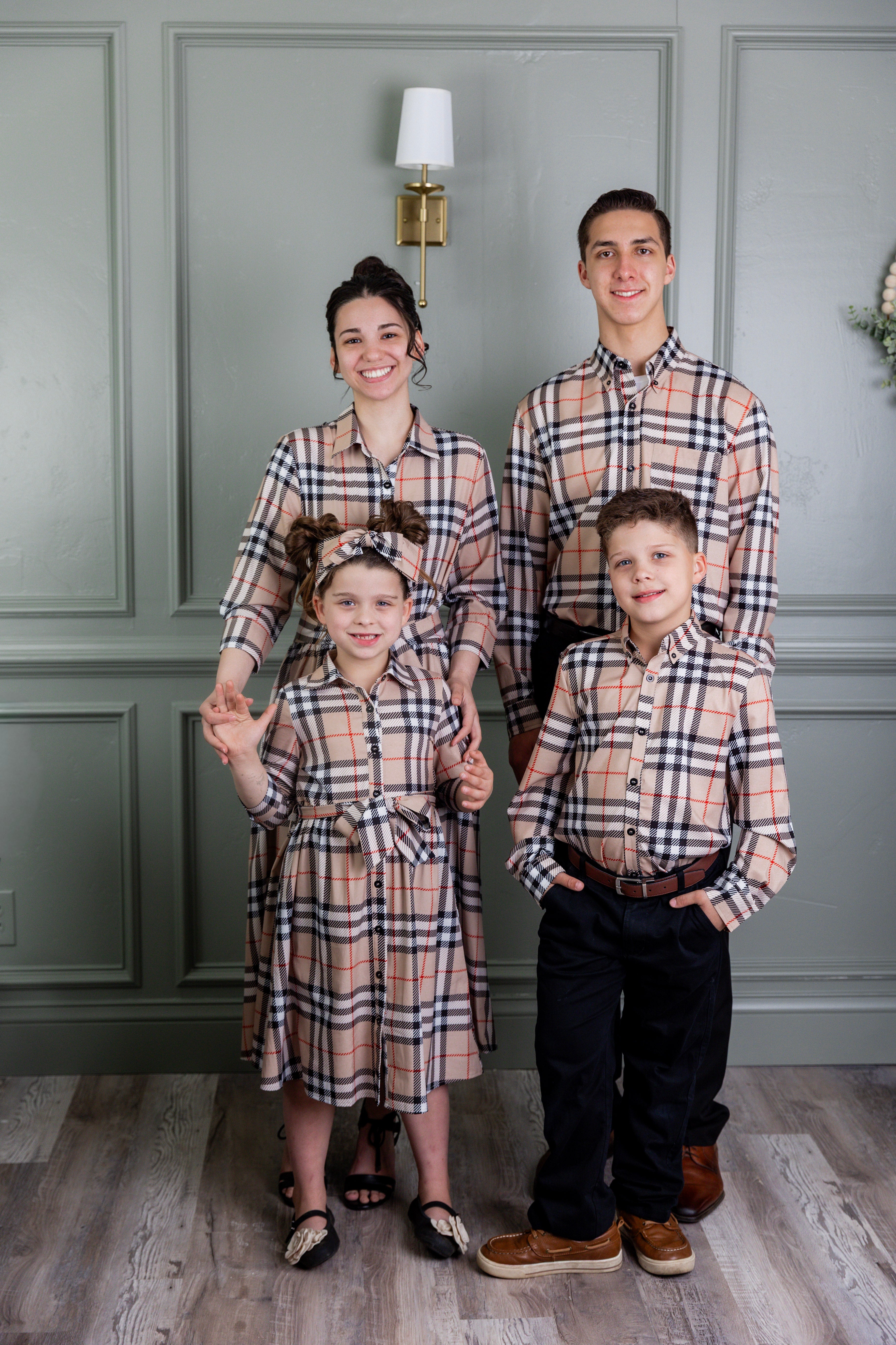 Models wearing our Nuggles® Easter Collection in Sand Plaid