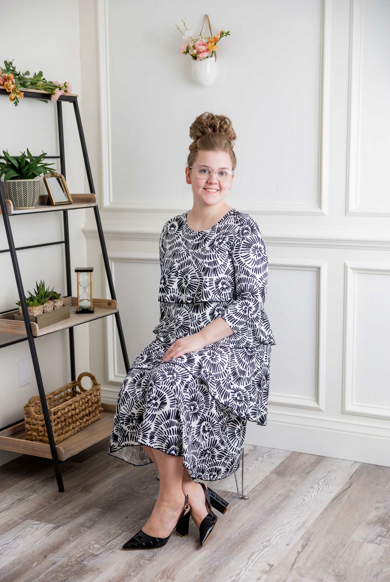 Model wearing the Olivia Dress in soft, modest fabric – timeless, ruffle-free design ideal for church, work, or everyday wear