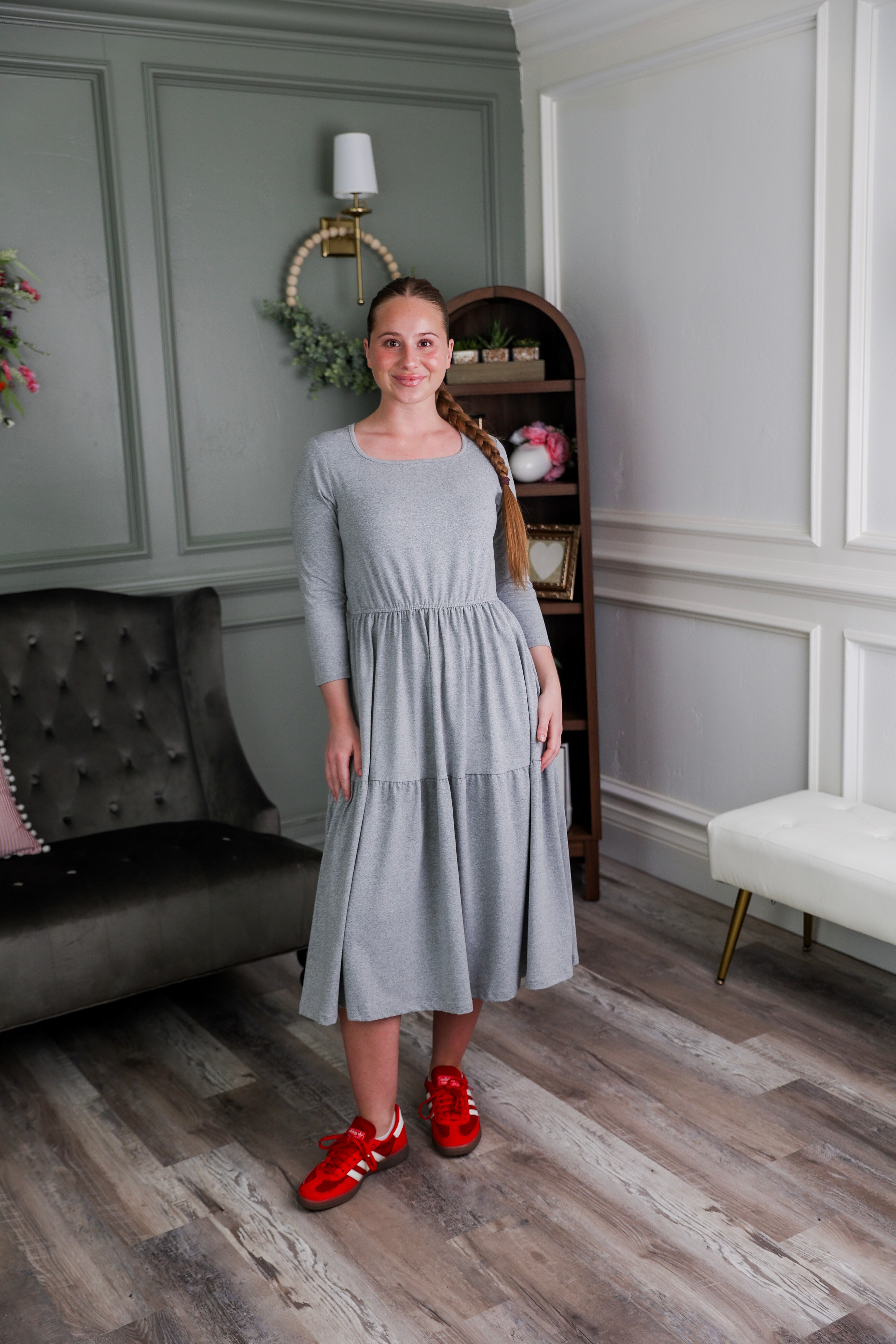 Model wearing Modest Nuggles® Nova Dress in Heather Gray