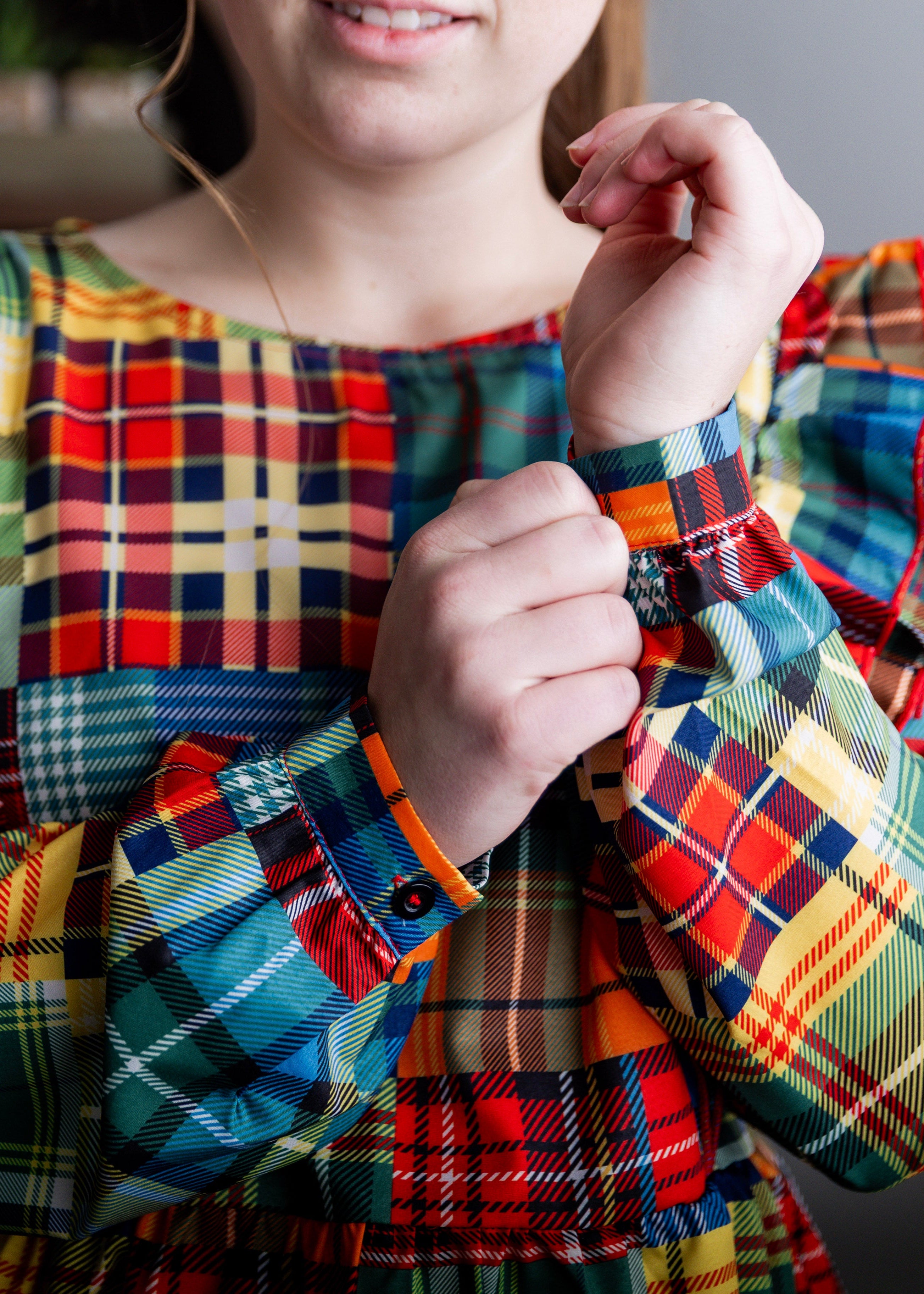 Model wearing Nuggles® Rae Top in Patch Plaid