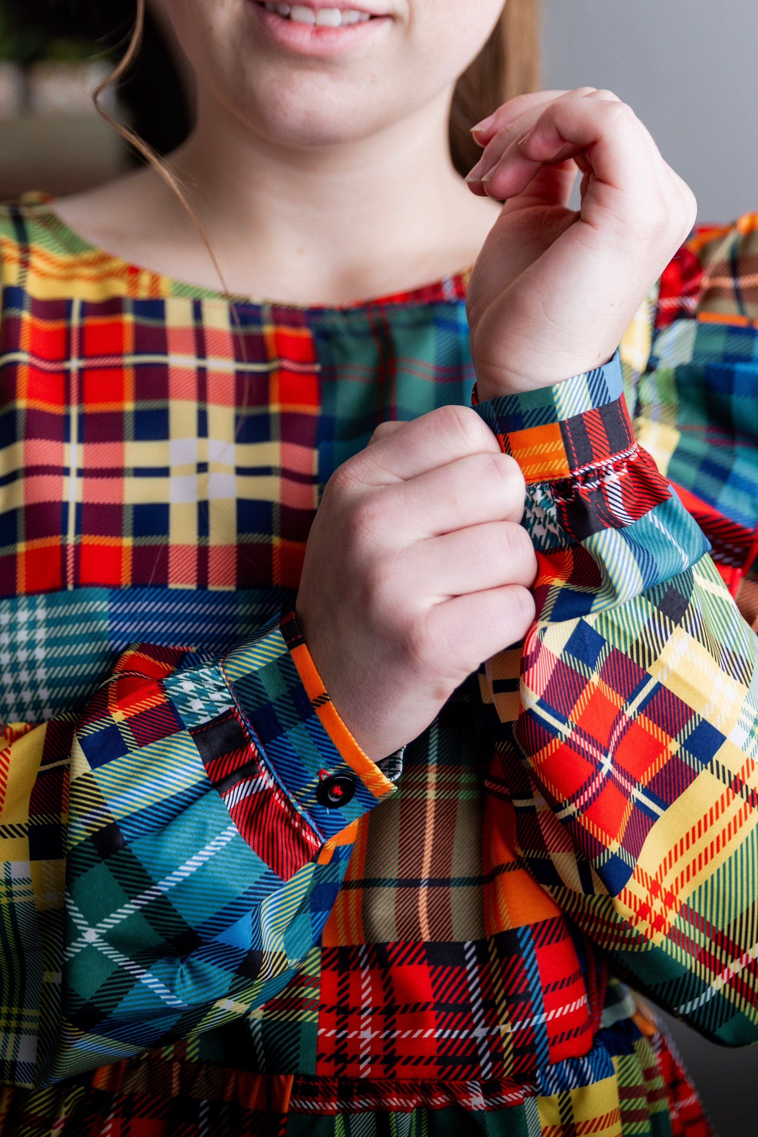 Model wearing Nuggles® Rae Top in Patch Plaid