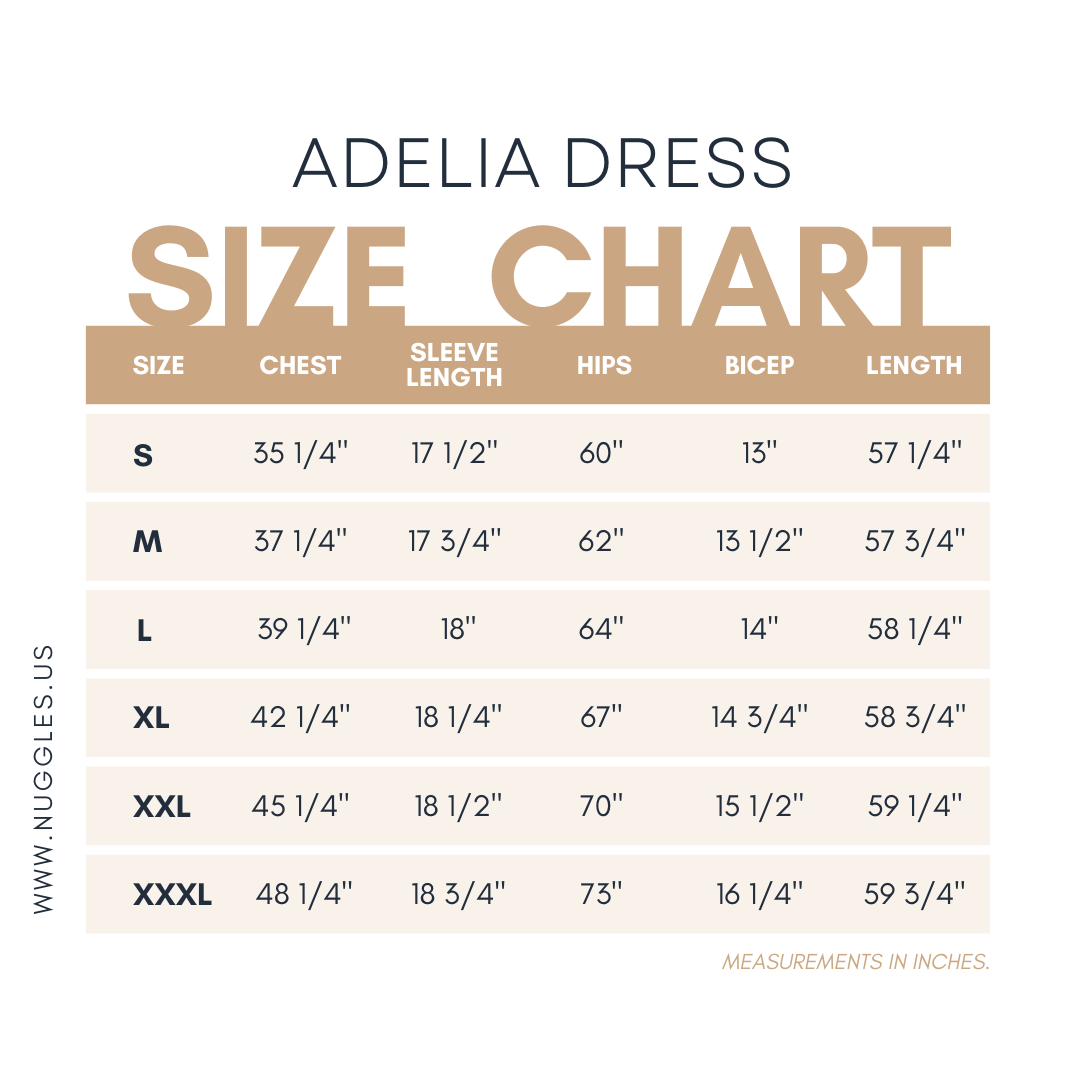 Size chart for Nuggles® Adelia Dress with measurements in inches.