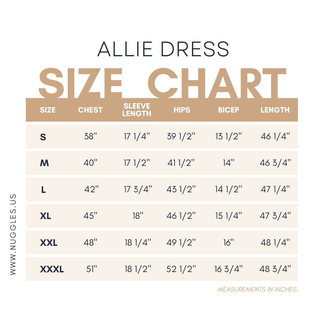 Nuggles® Allie Dress size chart – measurements for chest, waist, hip, and dress length in inches.